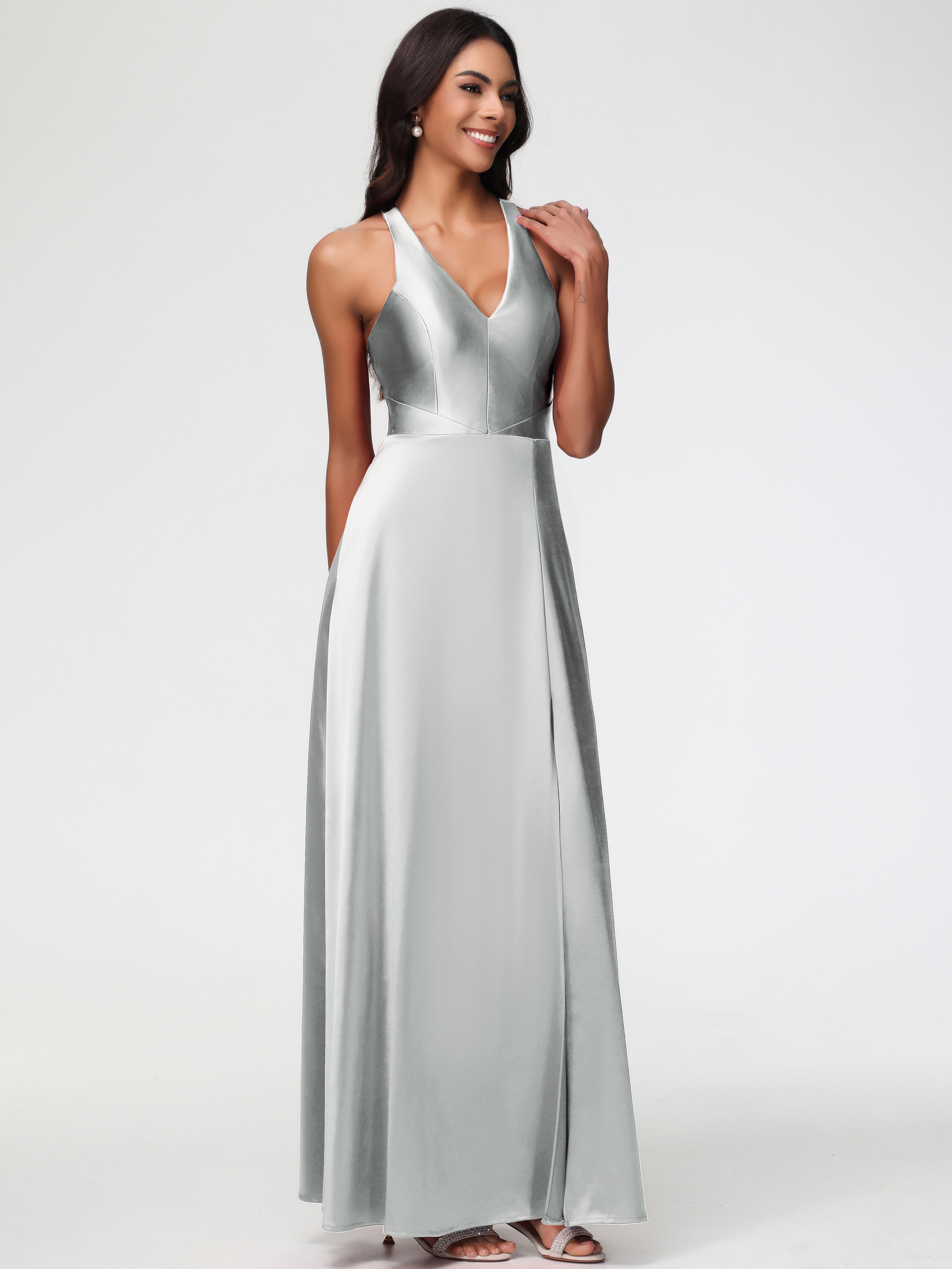 Robe Demoiselle D Honneur Argent Col V Satin Extensible Fourreau/Colonne Robe De Demoiselle D'Honneur