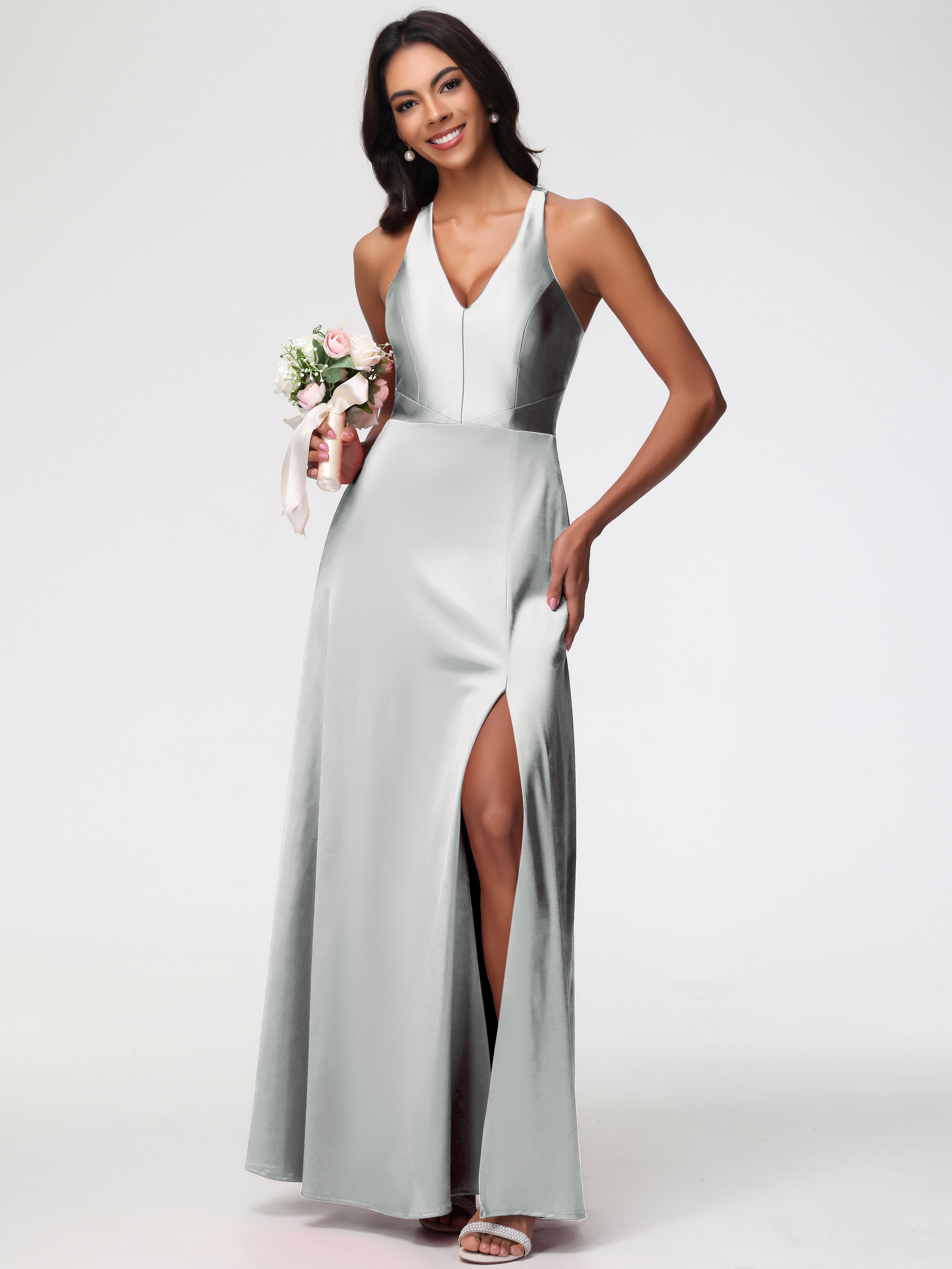 Robe Demoiselle D Honneur Argent Col V Satin Extensible Fourreau/Colonne Robe De Demoiselle D'Honneur