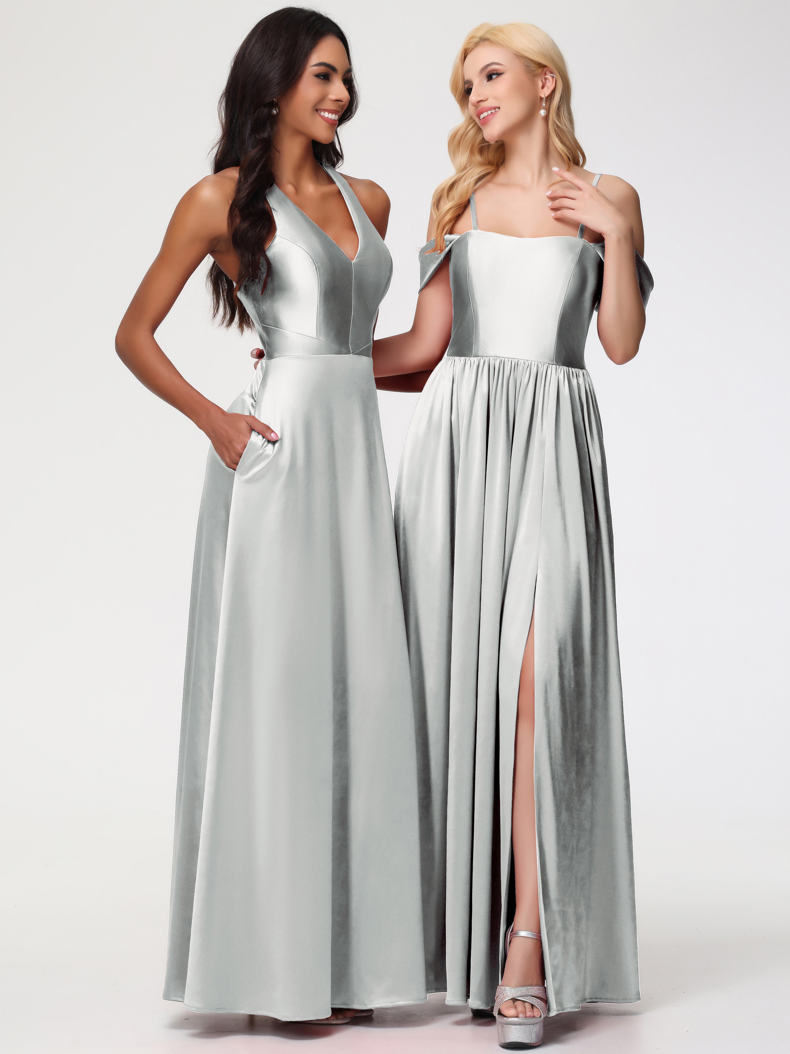 Robe Demoiselle D Honneur Argent Col V Satin Extensible Fourreau/Colonne Robe De Demoiselle D'Honneur