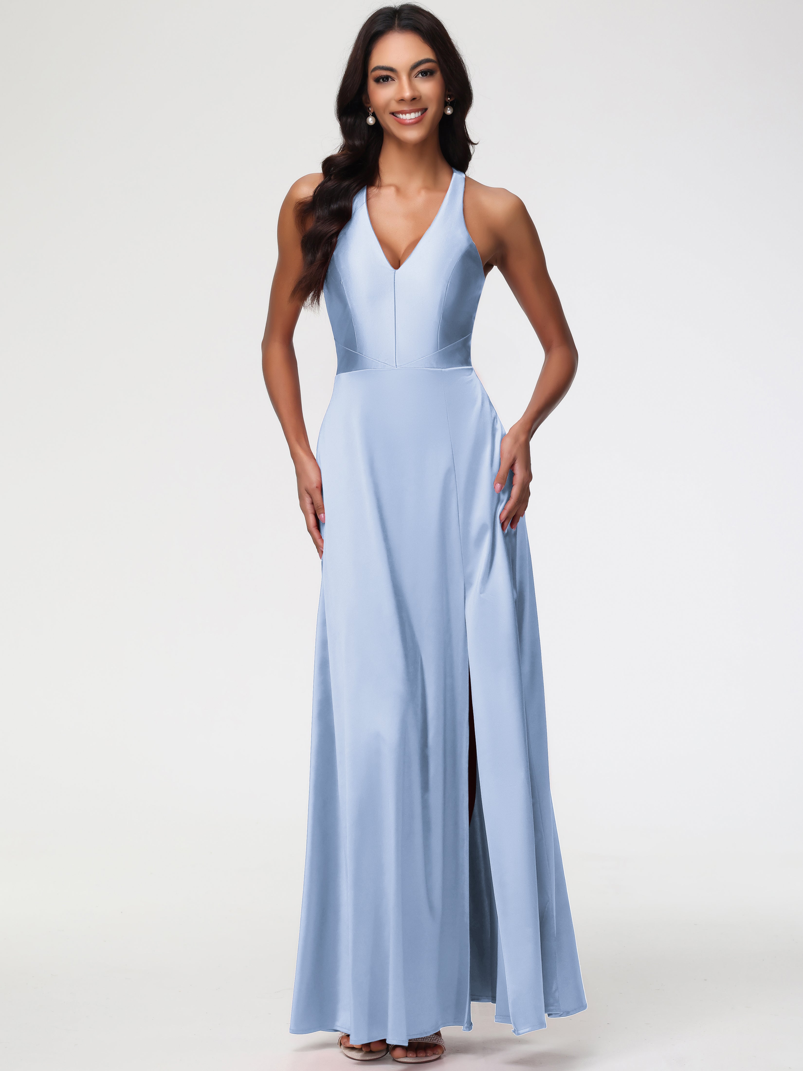Robe Demoiselle D Honneur Bleu Ciel Col V Satin Extensible Fourreau/Colonne Robe De Demoiselle D'Honneur