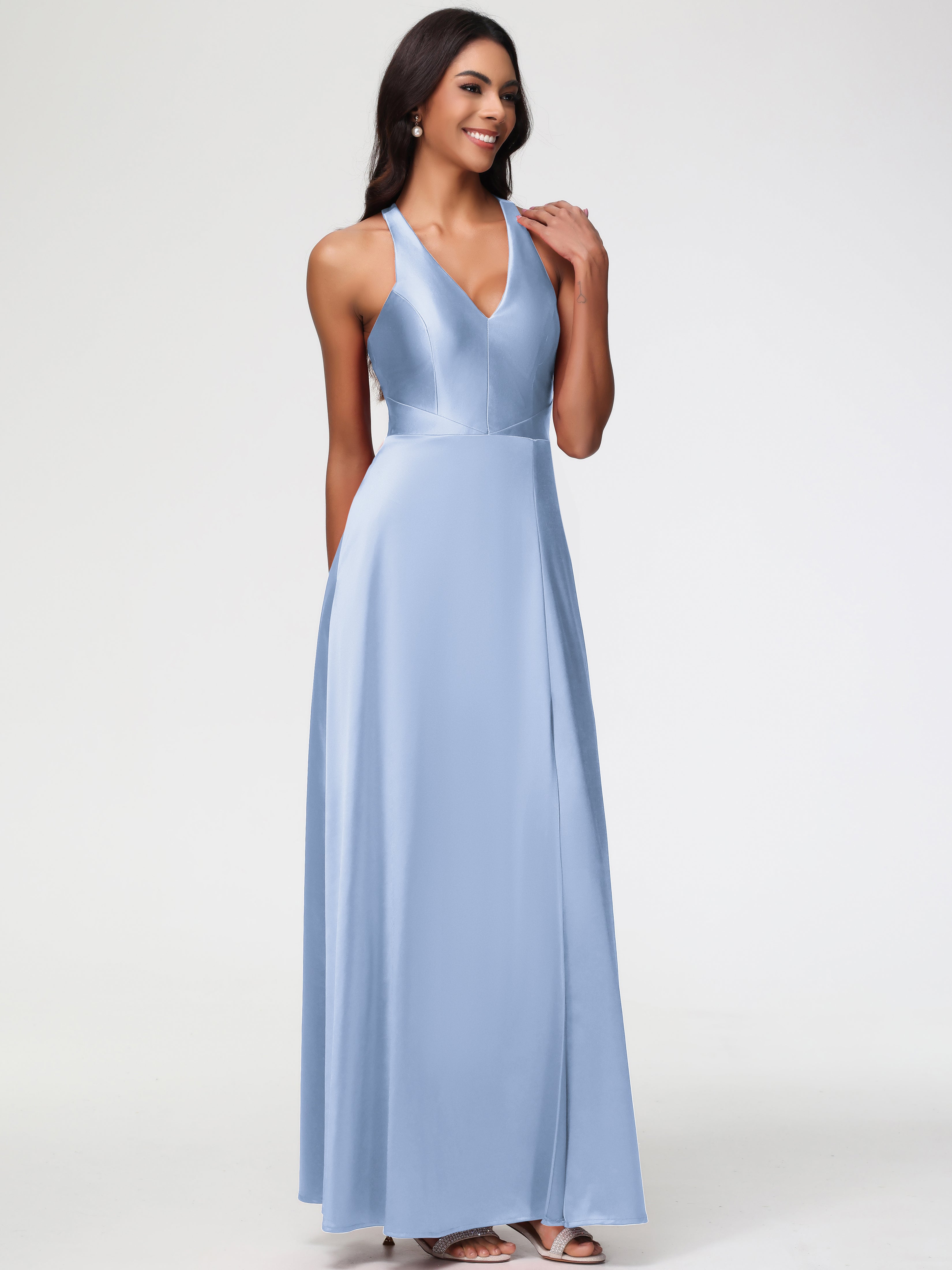 Robe Demoiselle D Honneur Bleu Ciel Col V Satin Extensible Fourreau/Colonne Robe De Demoiselle D'Honneur
