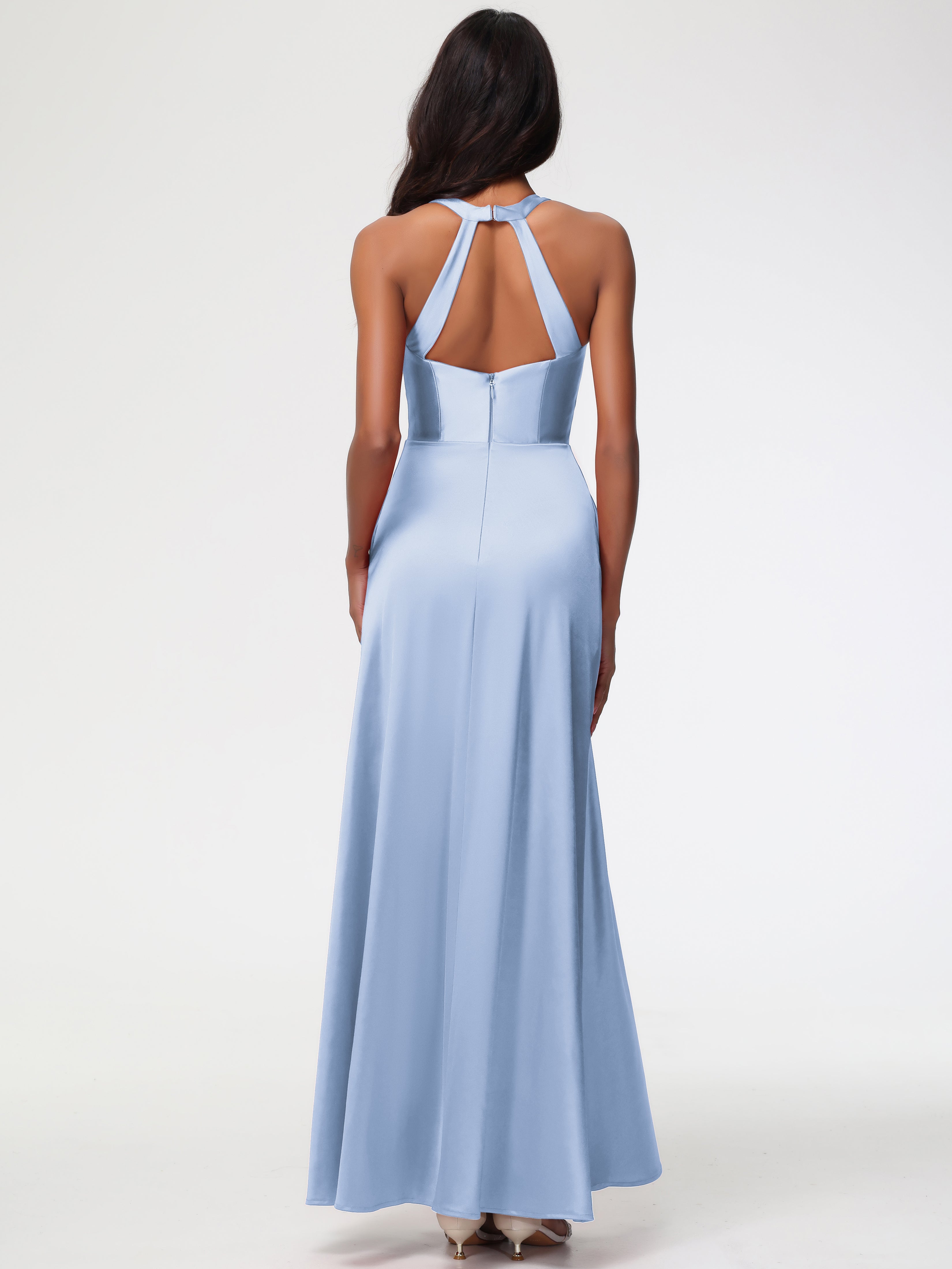 Robe Demoiselle D Honneur Bleu Ciel Col V Satin Extensible Fourreau/Colonne Robe De Demoiselle D'Honneur