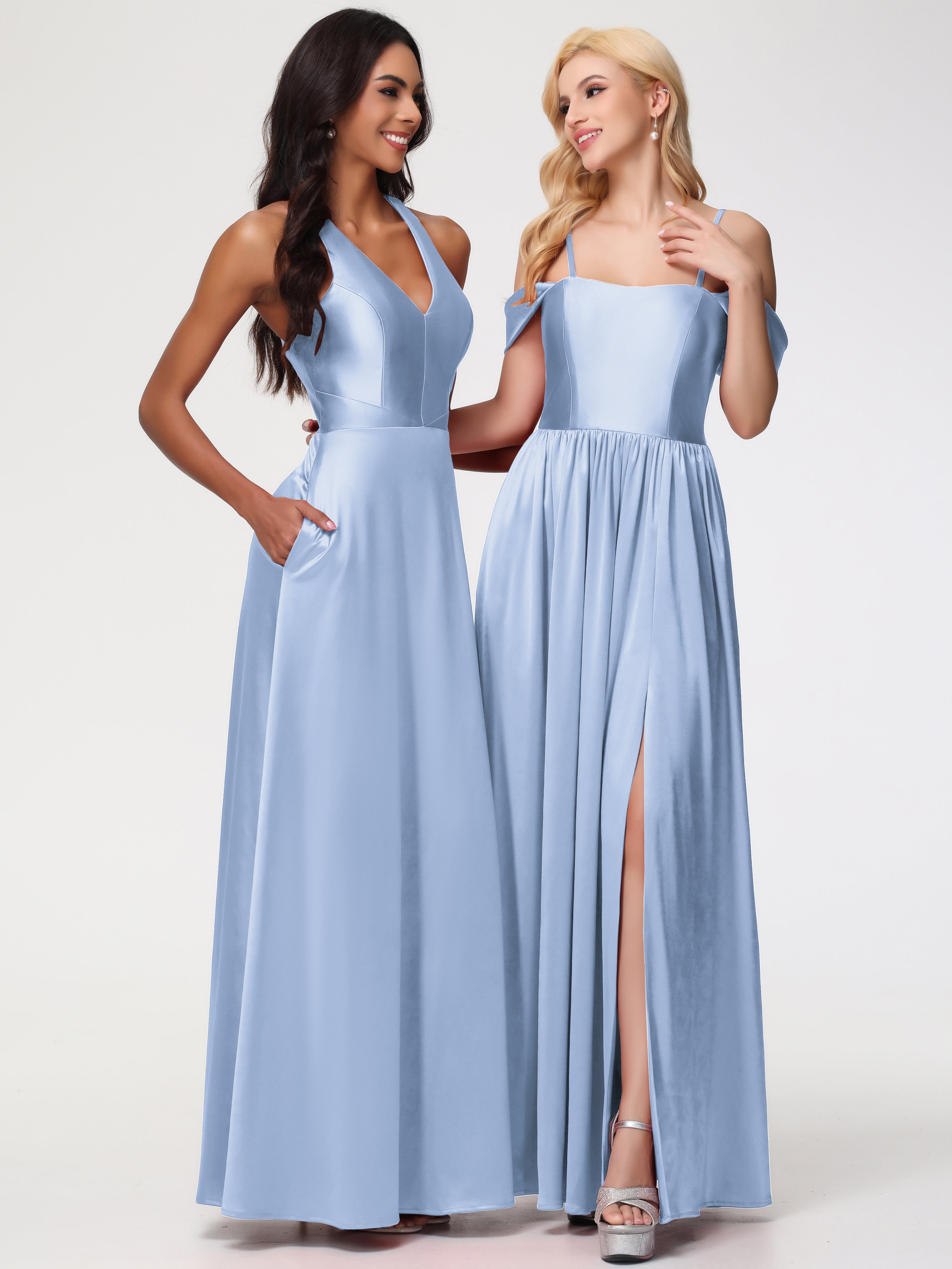 Robe Demoiselle D Honneur Bleu Ciel Col V Satin Extensible Fourreau/Colonne Robe De Demoiselle D'Honneur