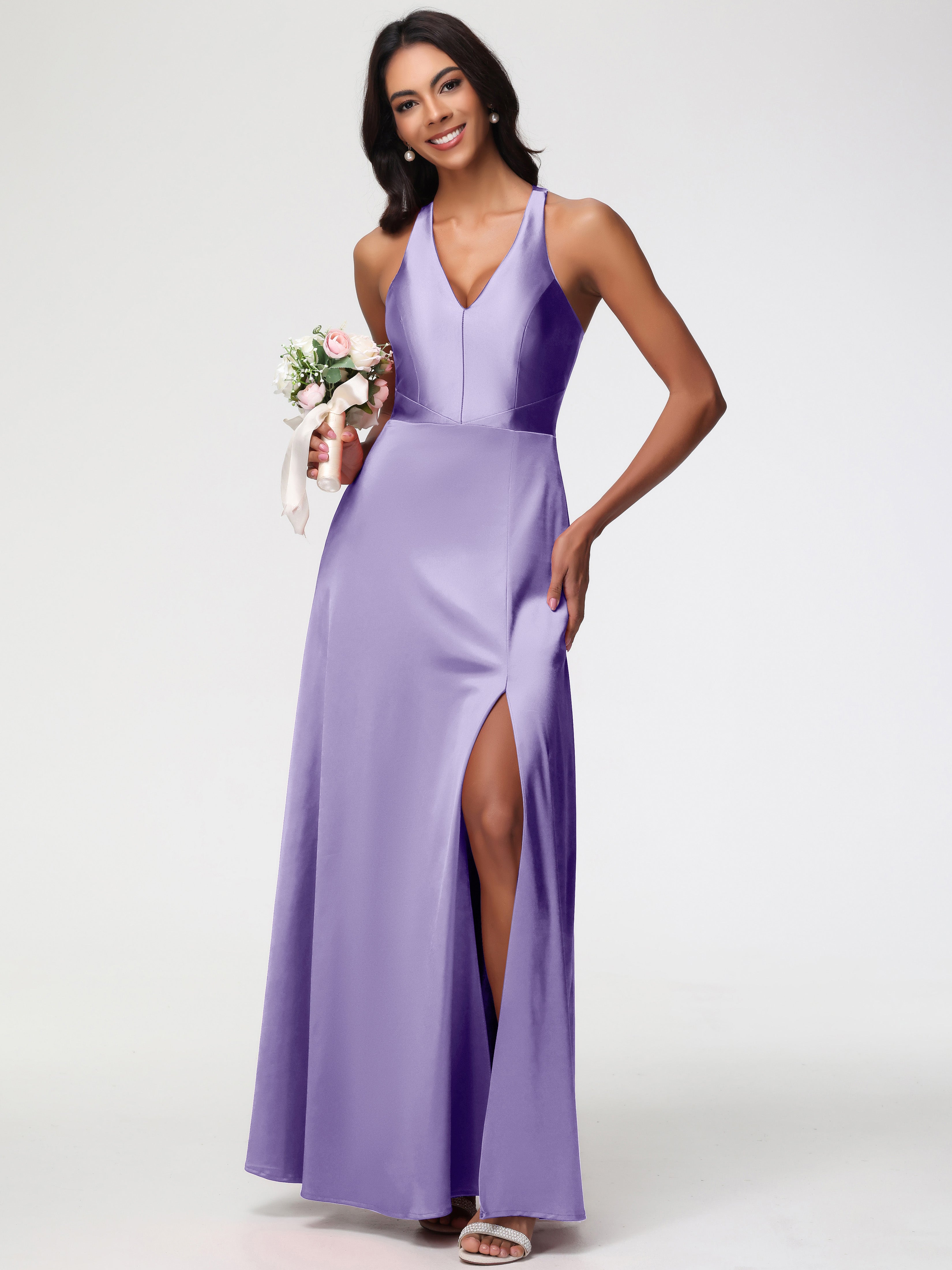 Robes De Demoiselle D'Honneur Tahiti Col V Satin Extensible Fourreau/Colonne Robe De Demoiselle D'Honneur