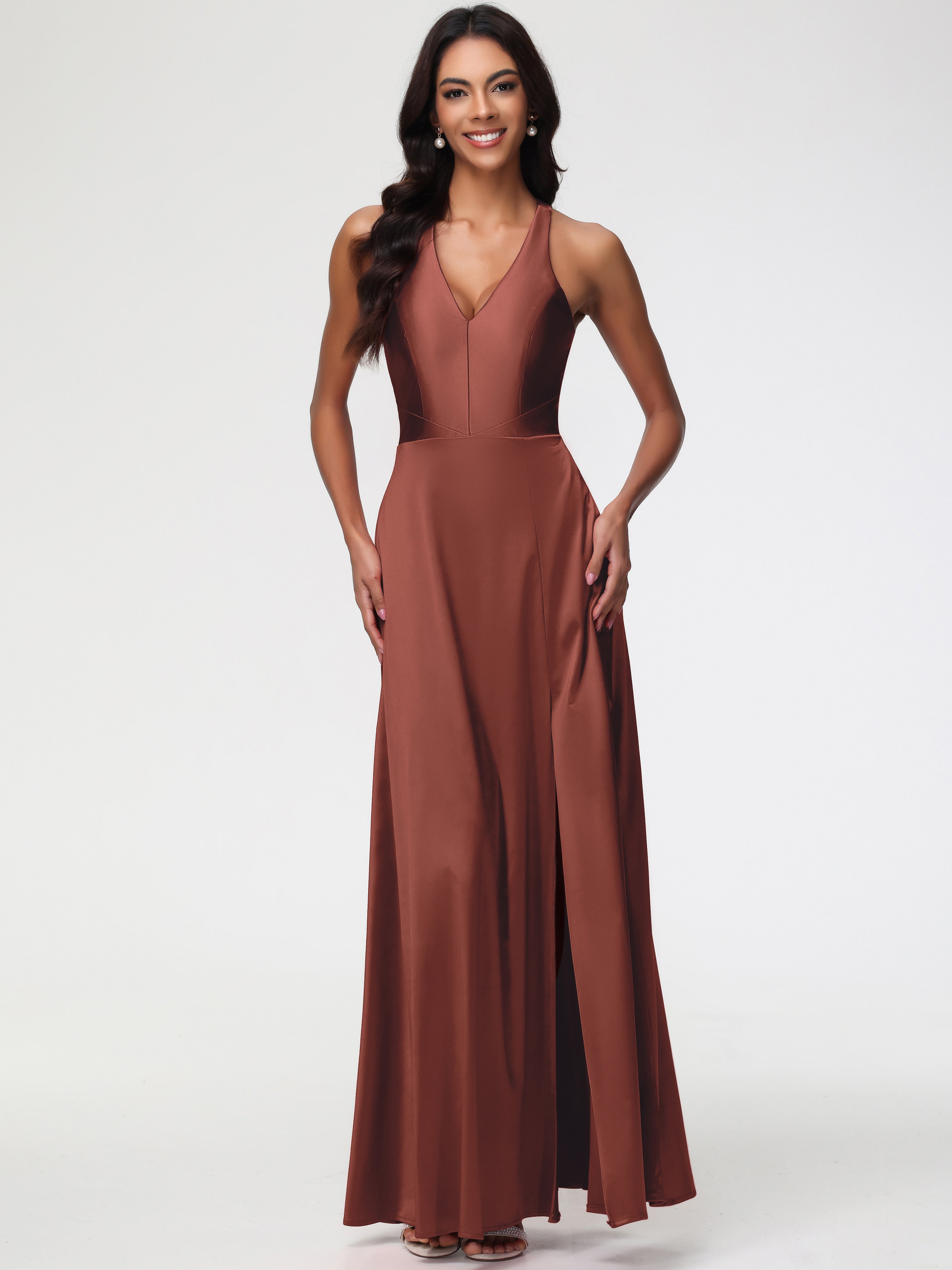 Demoiselle D Honneur Terracotta Col V Satin Extensible Fourreau/Colonne Robe De Demoiselle D'Honneur
