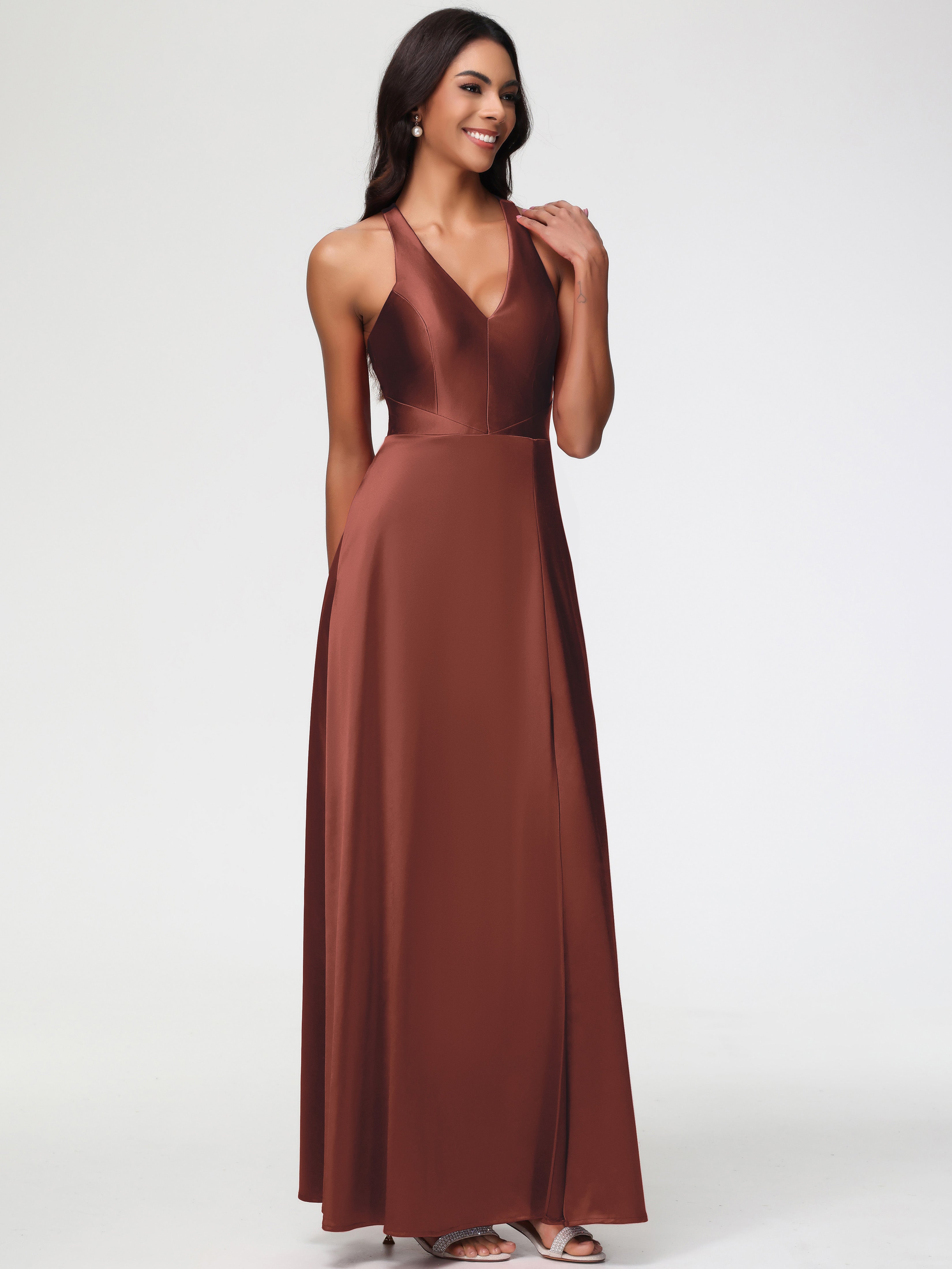 Demoiselle D Honneur Terracotta Col V Satin Extensible Fourreau/Colonne Robe De Demoiselle D'Honneur
