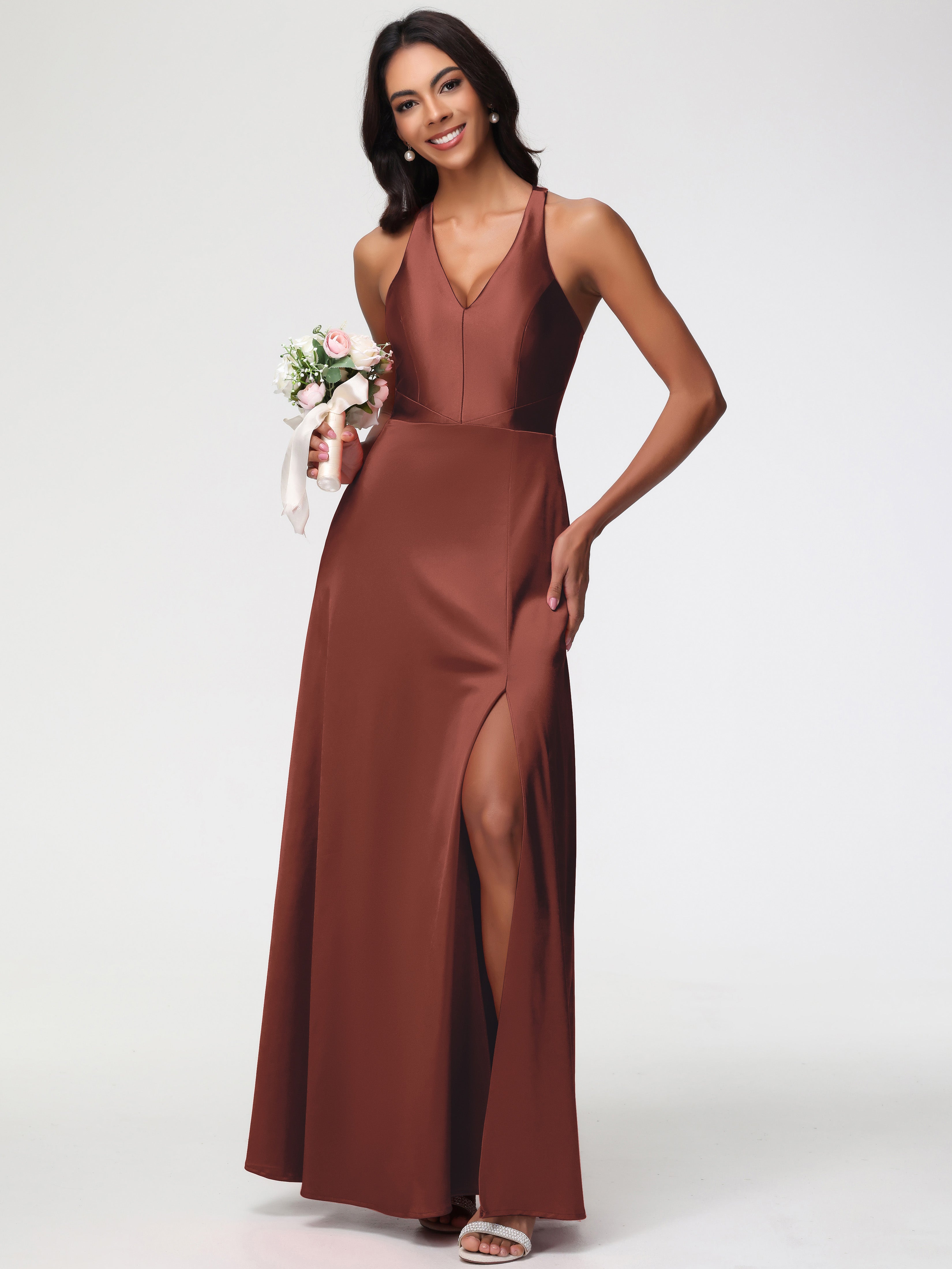 Demoiselle D Honneur Terracotta Col V Satin Extensible Fourreau/Colonne Robe De Demoiselle D'Honneur