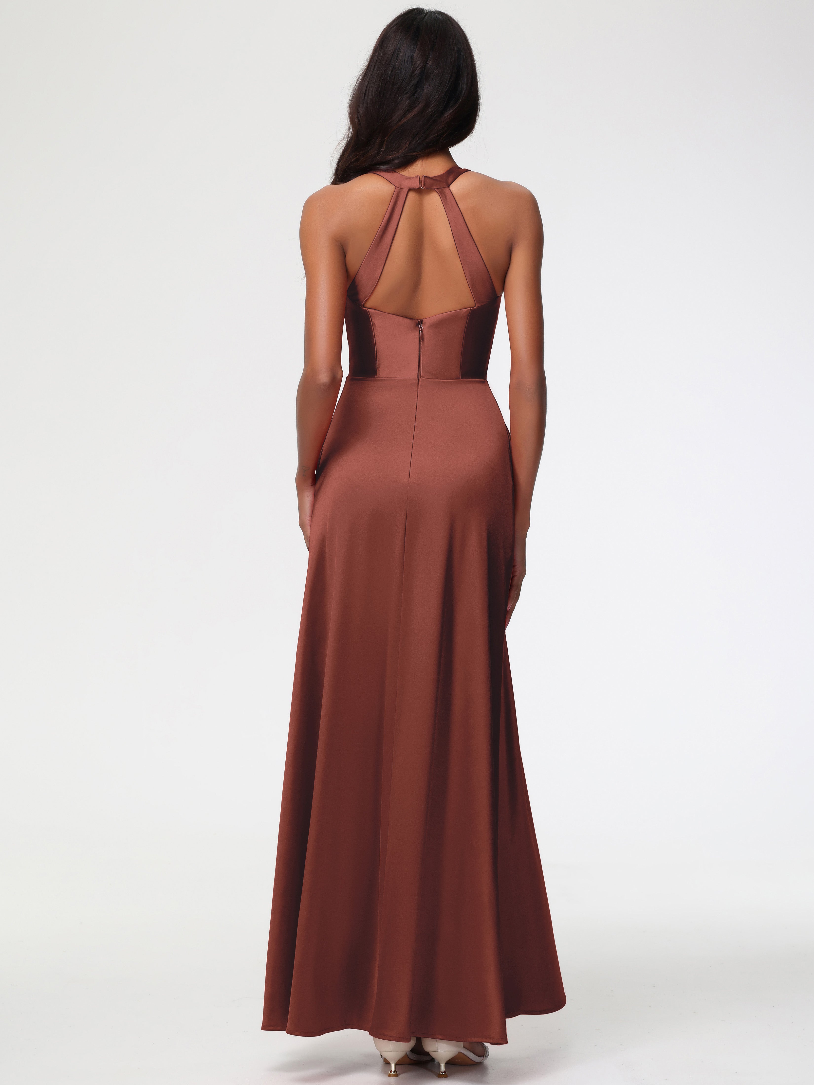 Demoiselle D Honneur Terracotta Col V Satin Extensible Fourreau/Colonne Robe De Demoiselle D'Honneur