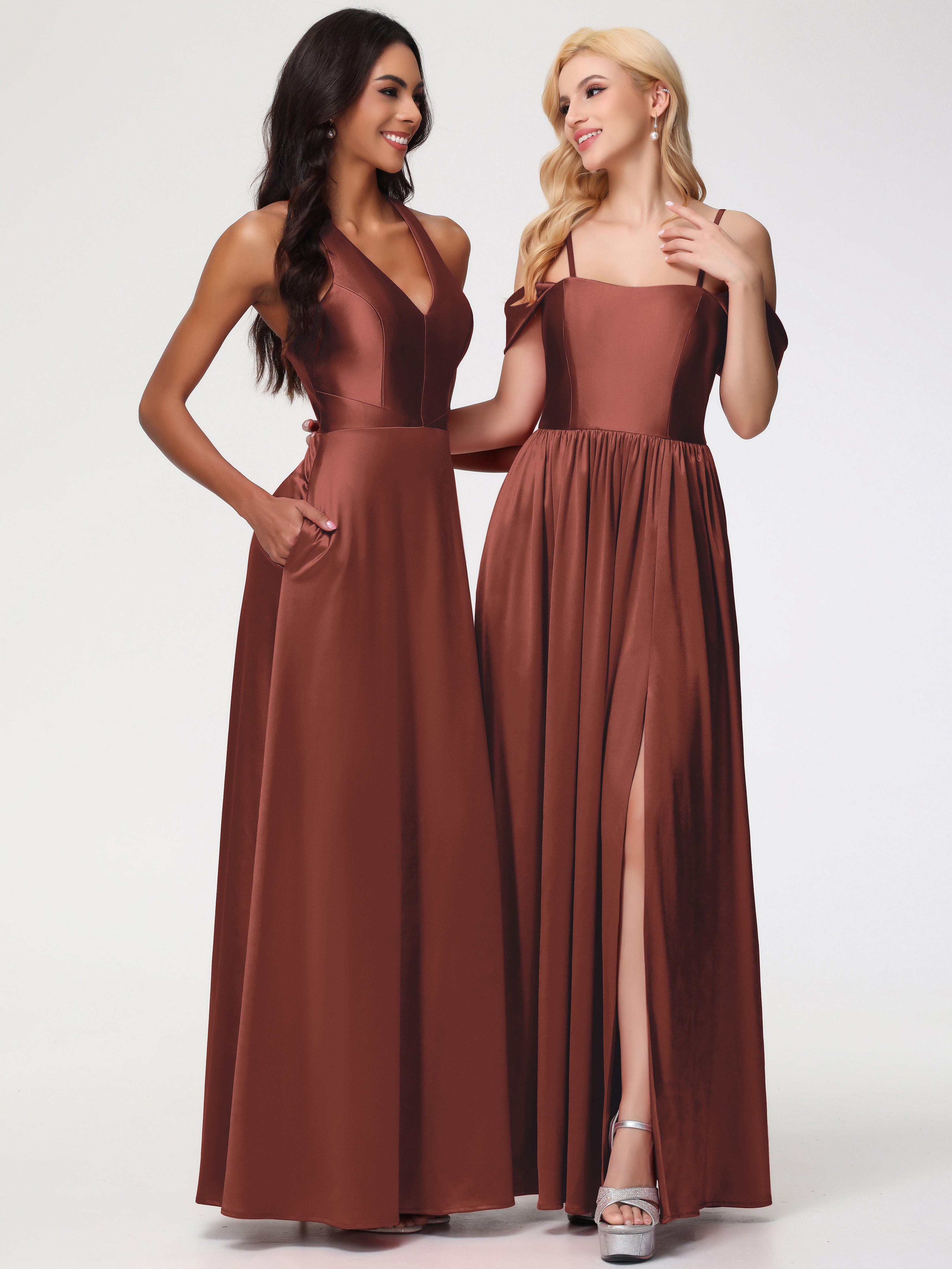 Demoiselle D Honneur Terracotta Col V Satin Extensible Fourreau/Colonne Robe De Demoiselle D'Honneur