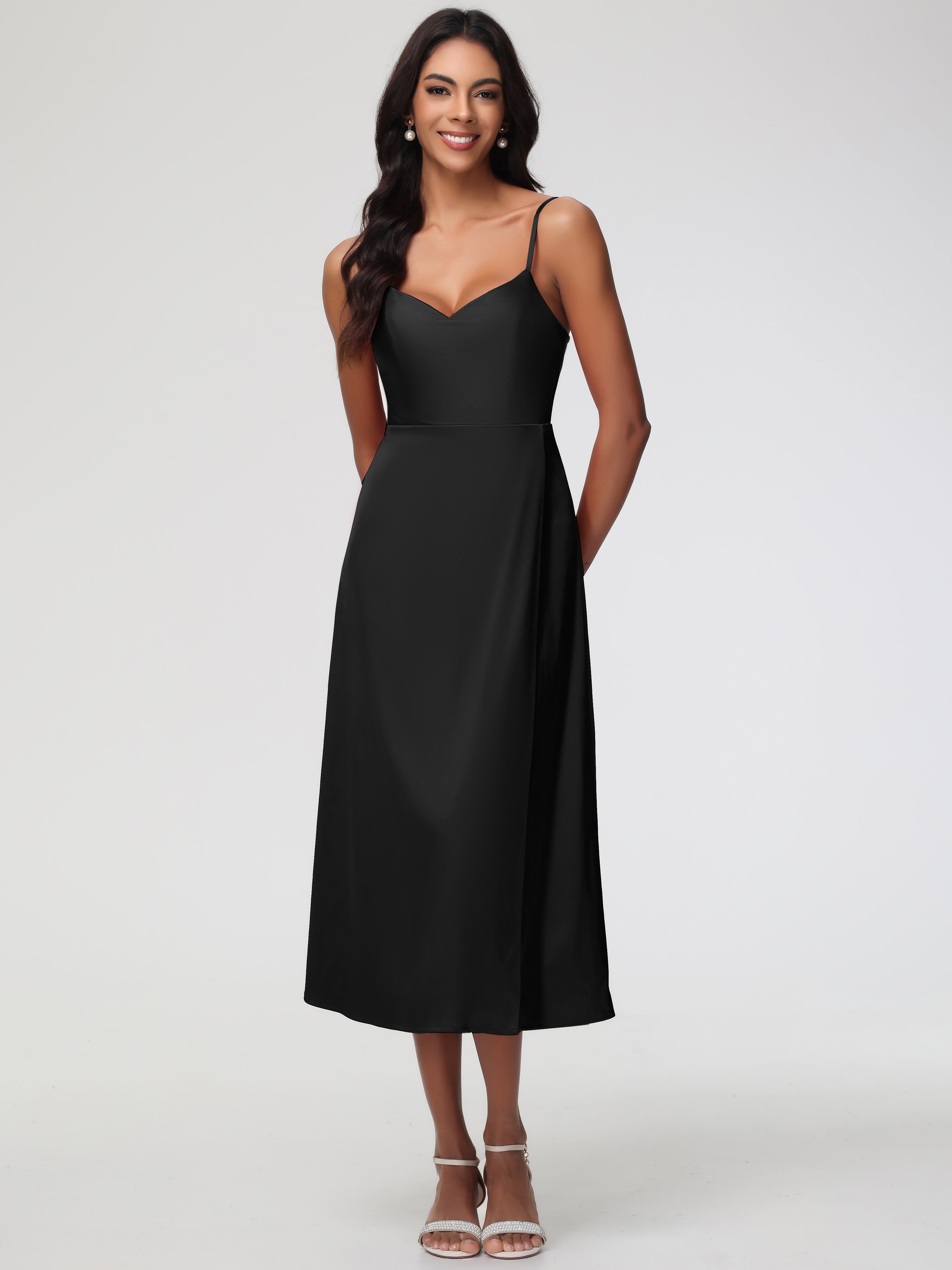 Demoiselle D Honneur Noir Col V Bretelles Spaghetti Satin Extensible Robe De Demoiselle D'Honneur