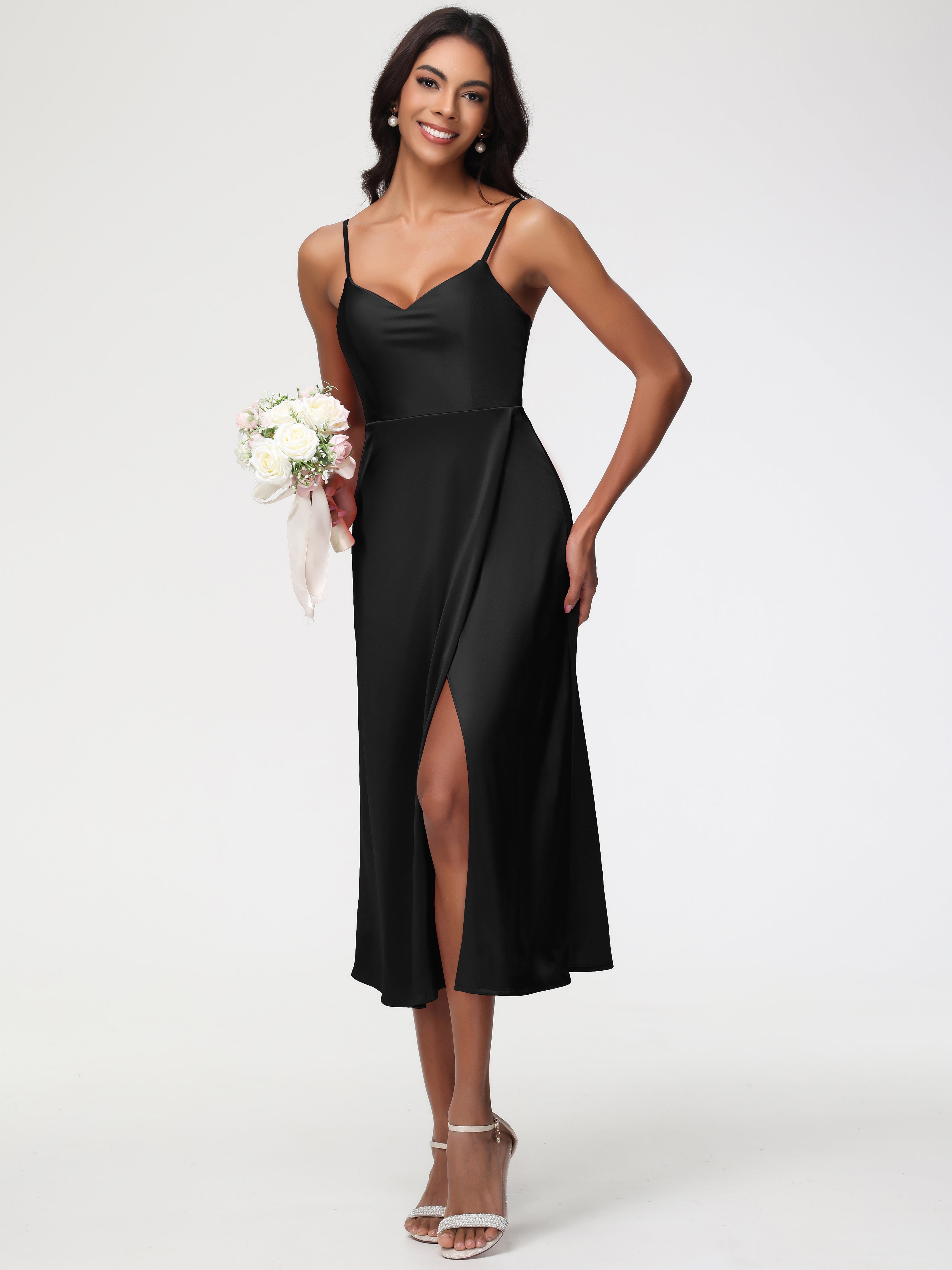 Demoiselle D Honneur Noir Col V Bretelles Spaghetti Satin Extensible Robe De Demoiselle D'Honneur