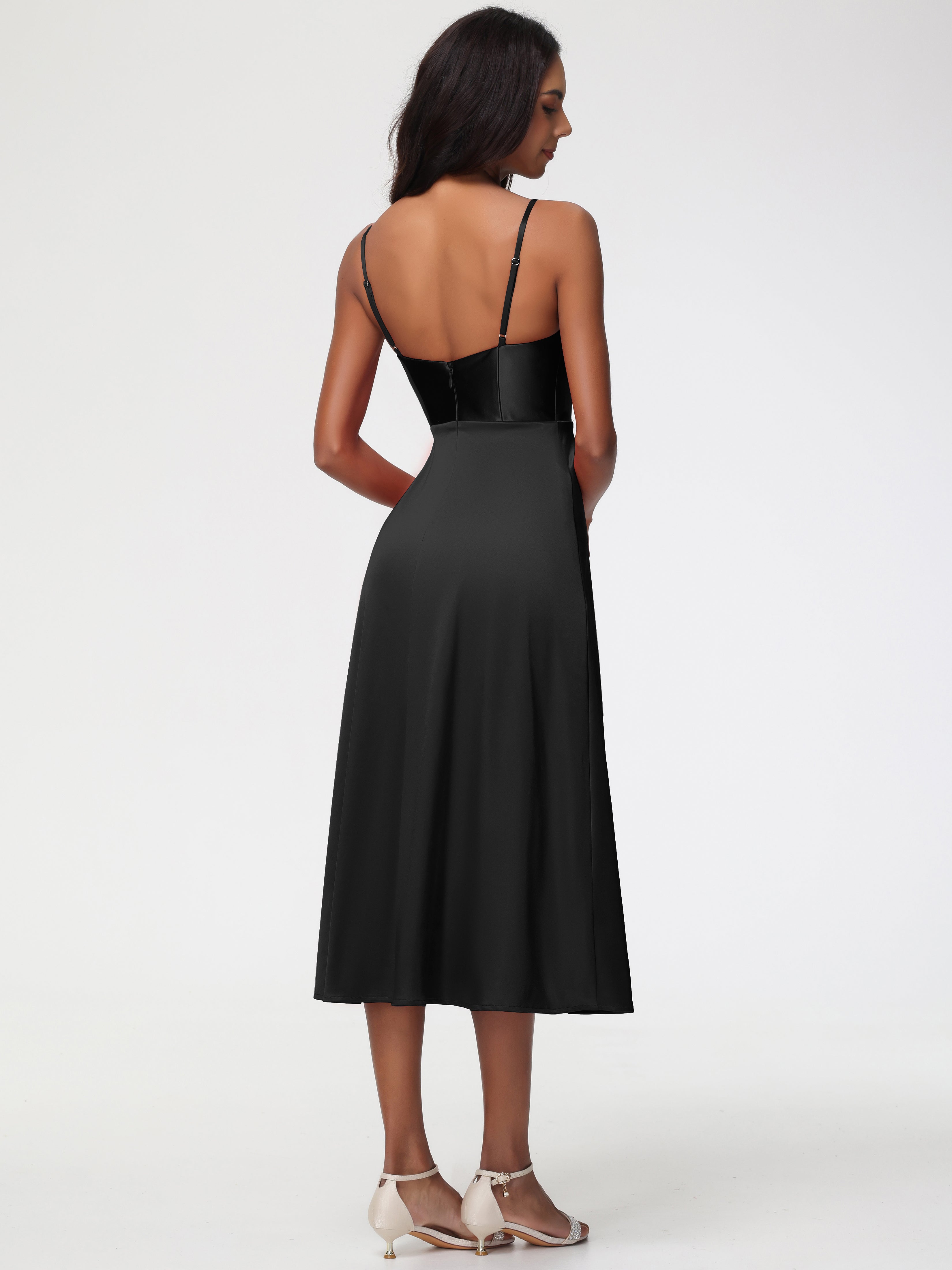 Demoiselle D Honneur Noir Col V Bretelles Spaghetti Satin Extensible Robe De Demoiselle D'Honneur