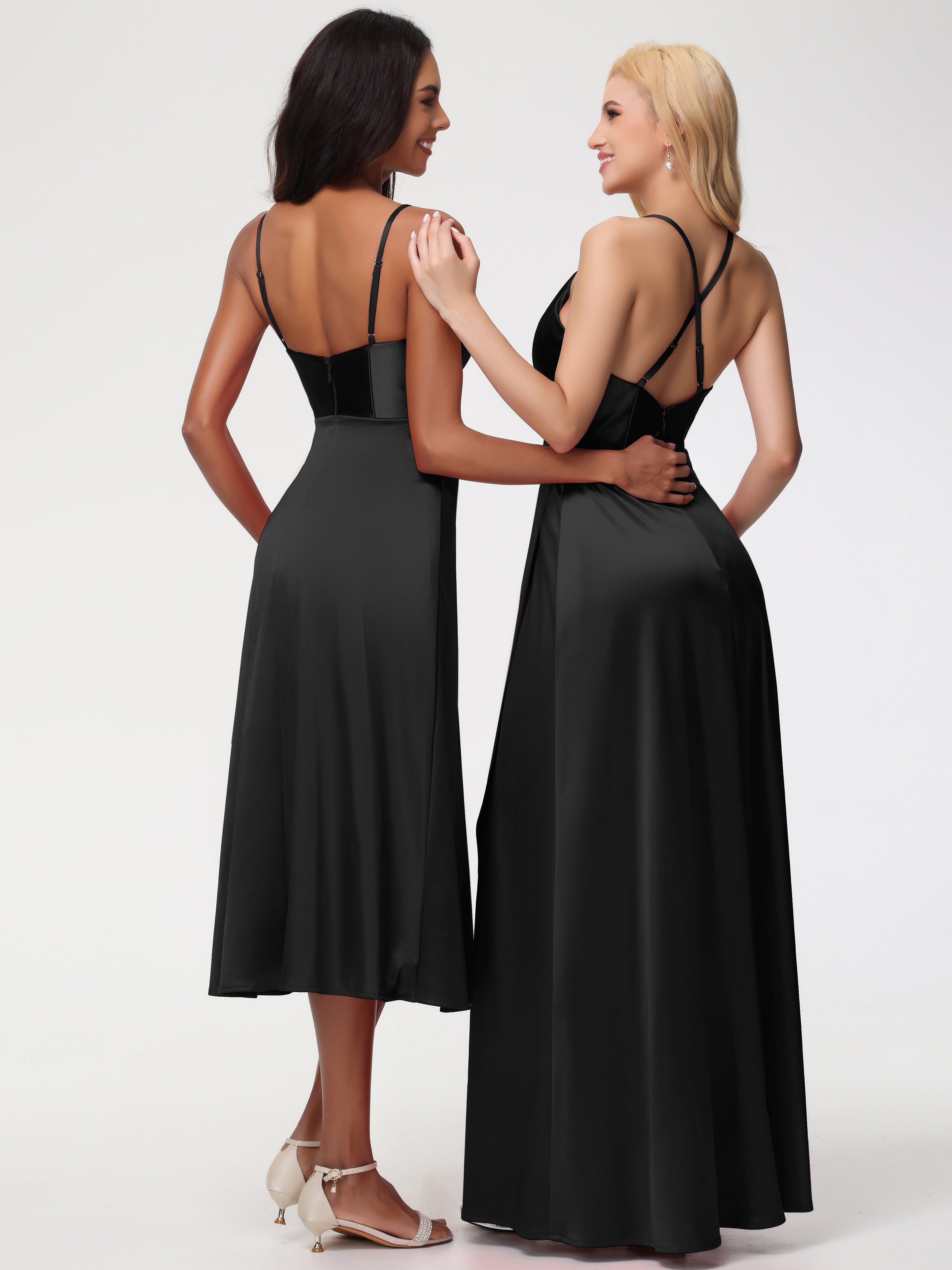 Demoiselle D Honneur Noir Col V Bretelles Spaghetti Satin Extensible Robe De Demoiselle D'Honneur