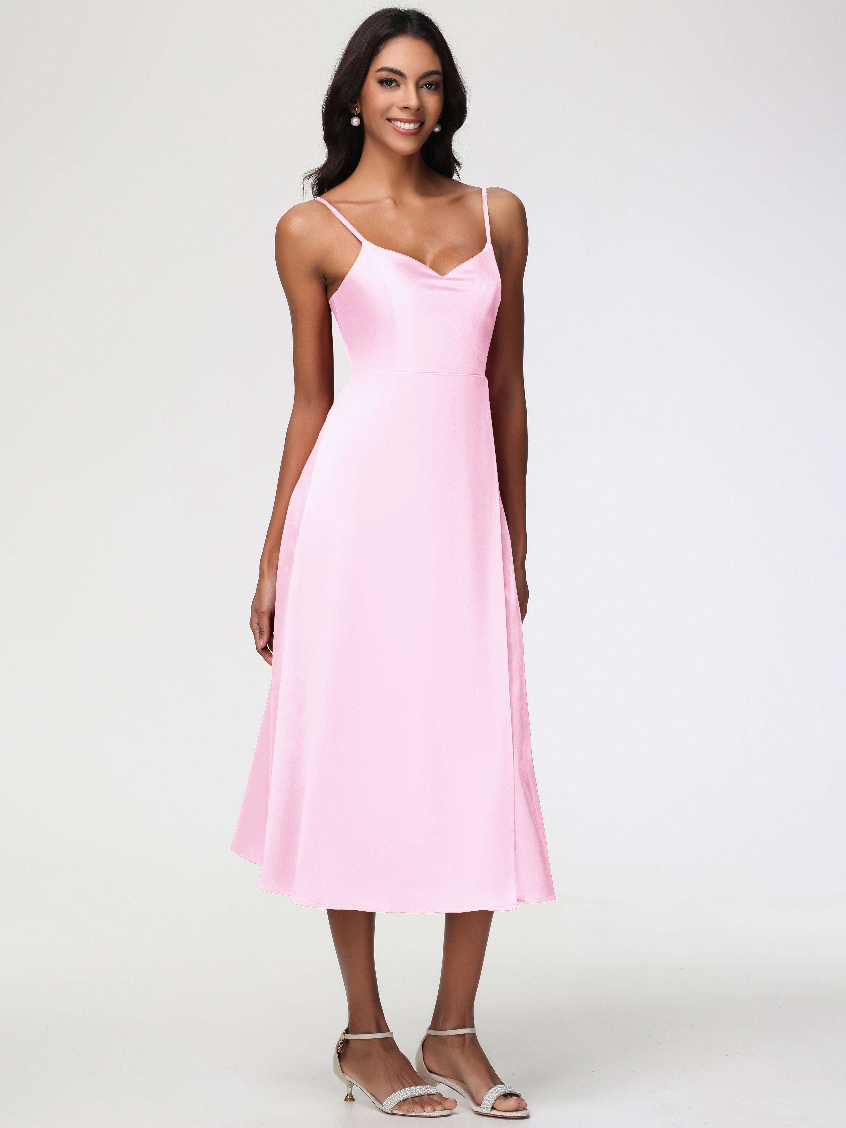 Robe Demoiselles D Honneur Rose Pale Col V Bretelles Spaghetti Satin Extensible Robe De Demoiselle D'Honneur