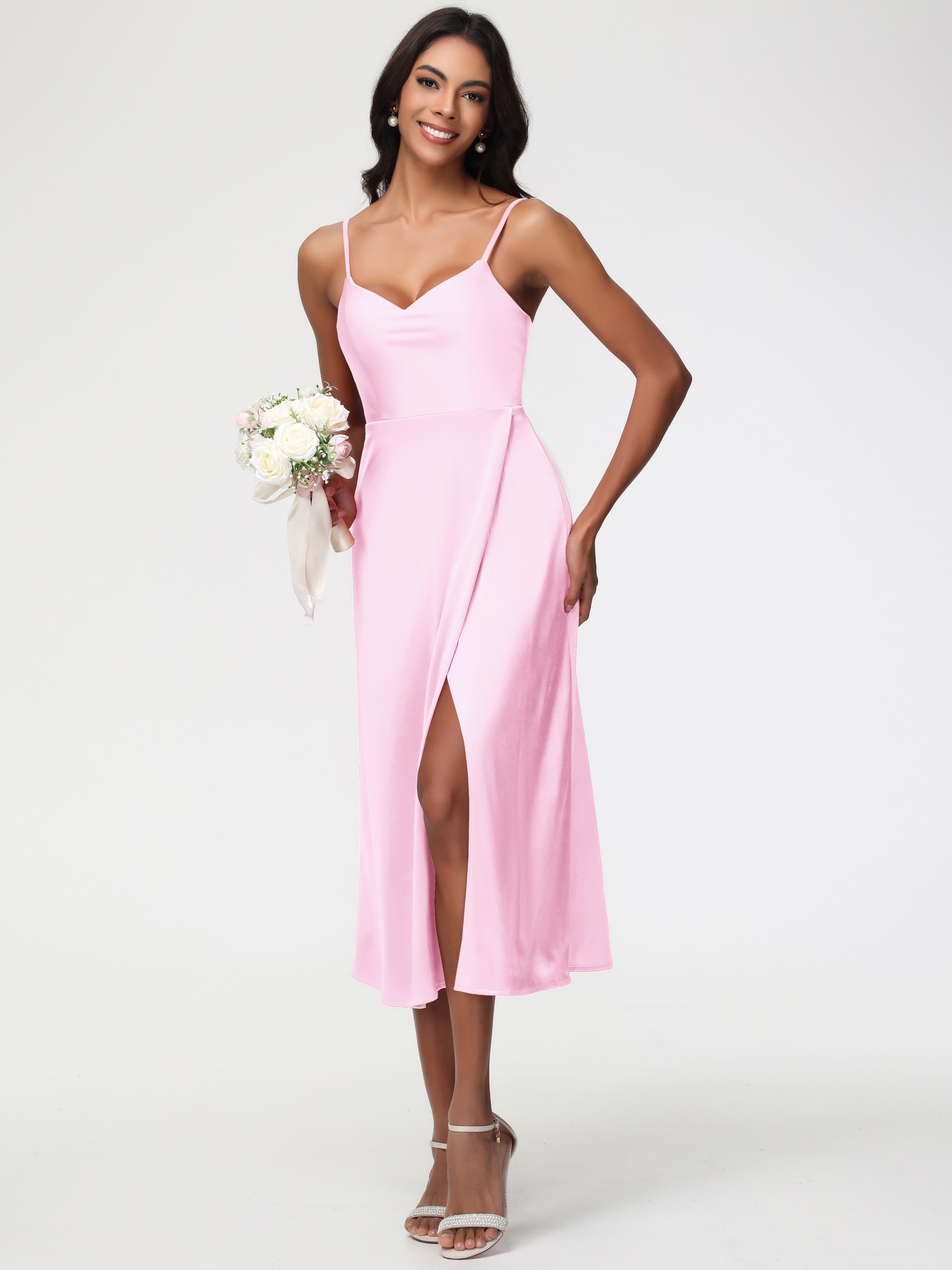 Robe Demoiselles D Honneur Rose Pale Col V Bretelles Spaghetti Satin Extensible Robe De Demoiselle D'Honneur