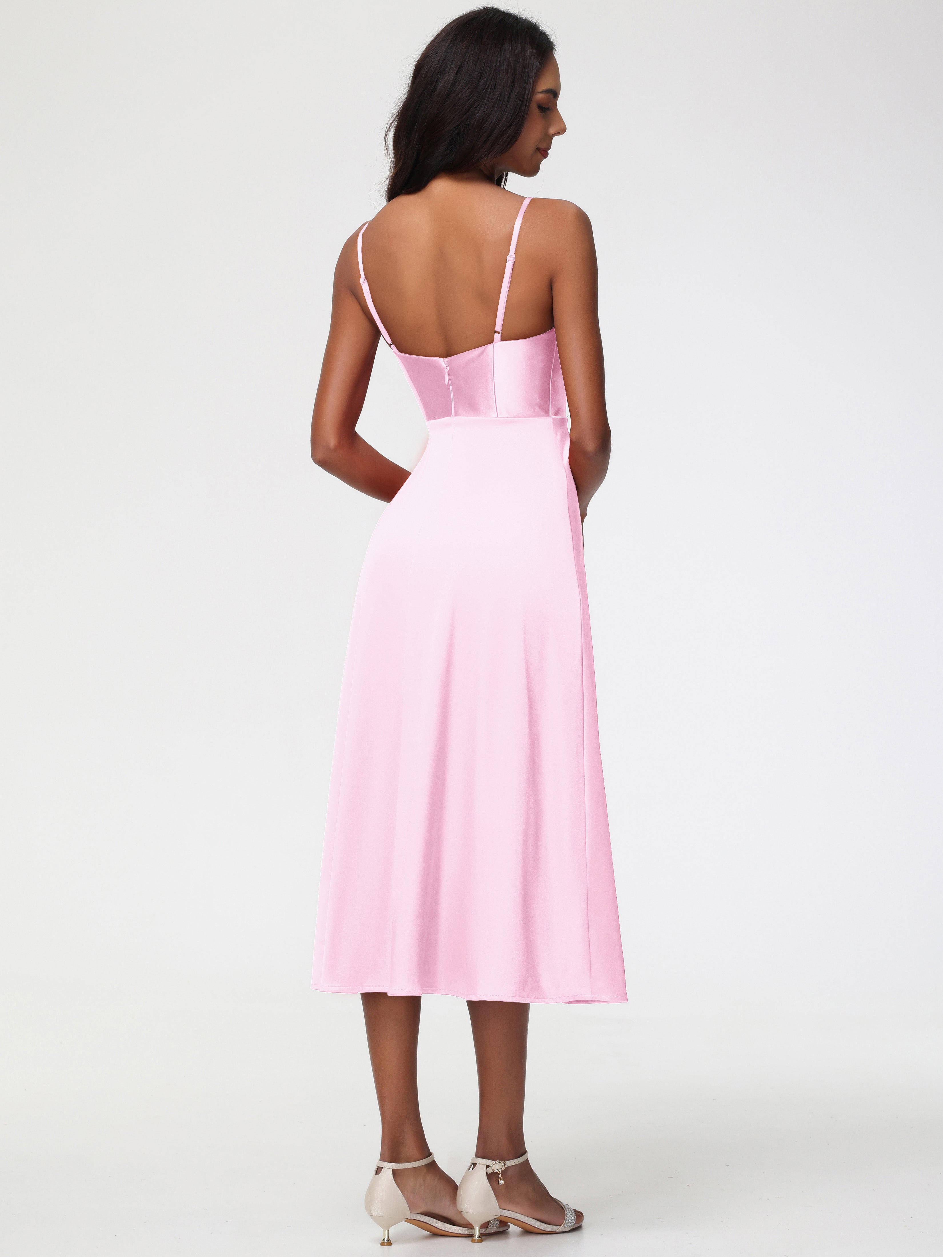 Robe Demoiselles D Honneur Rose Pale Col V Bretelles Spaghetti Satin Extensible Robe De Demoiselle D'Honneur