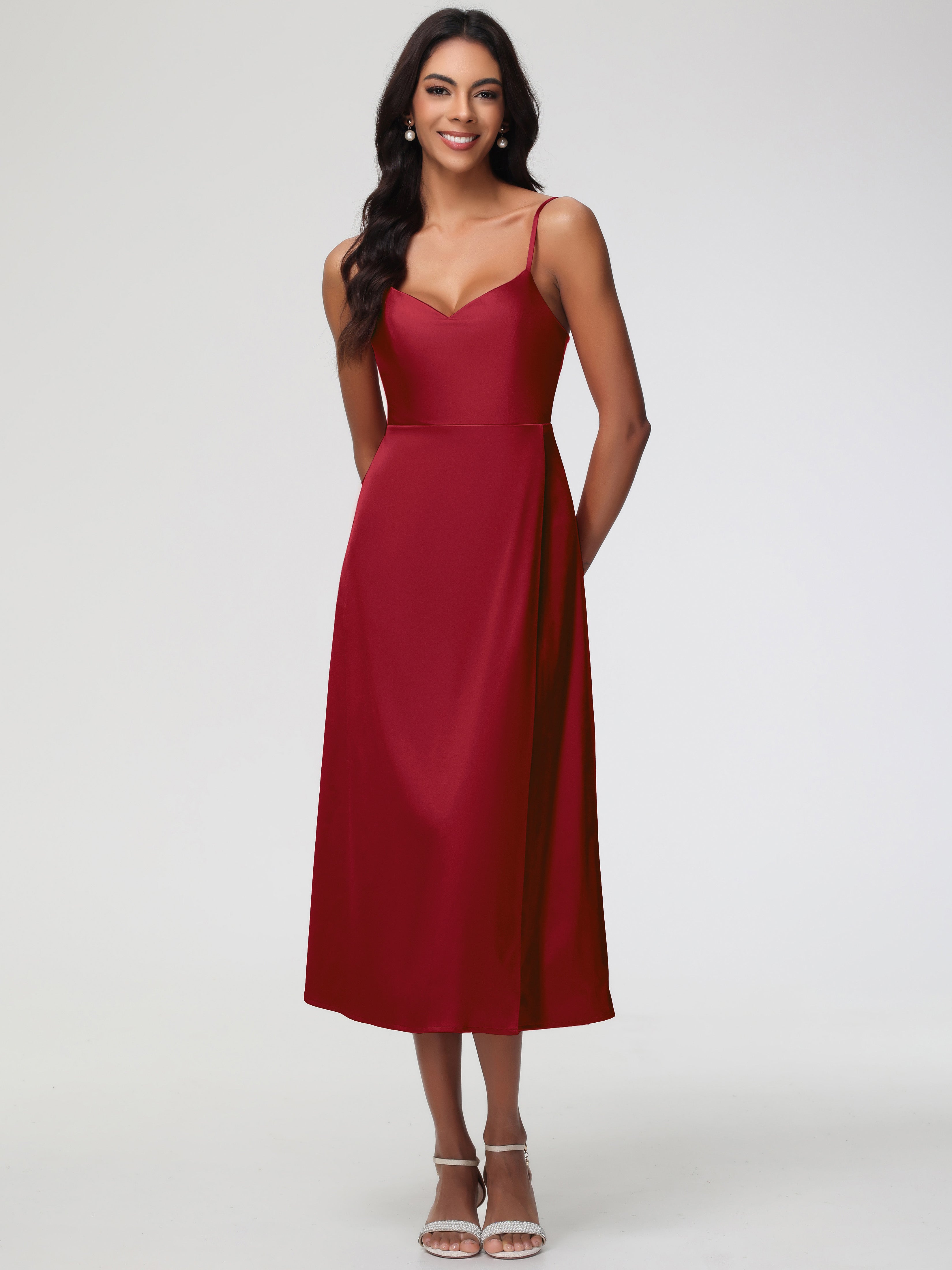Robe Demoiselle Dhonneur Bordeaux Col V Bretelles Spaghetti Satin Extensible Robe De Demoiselle D'Honneur