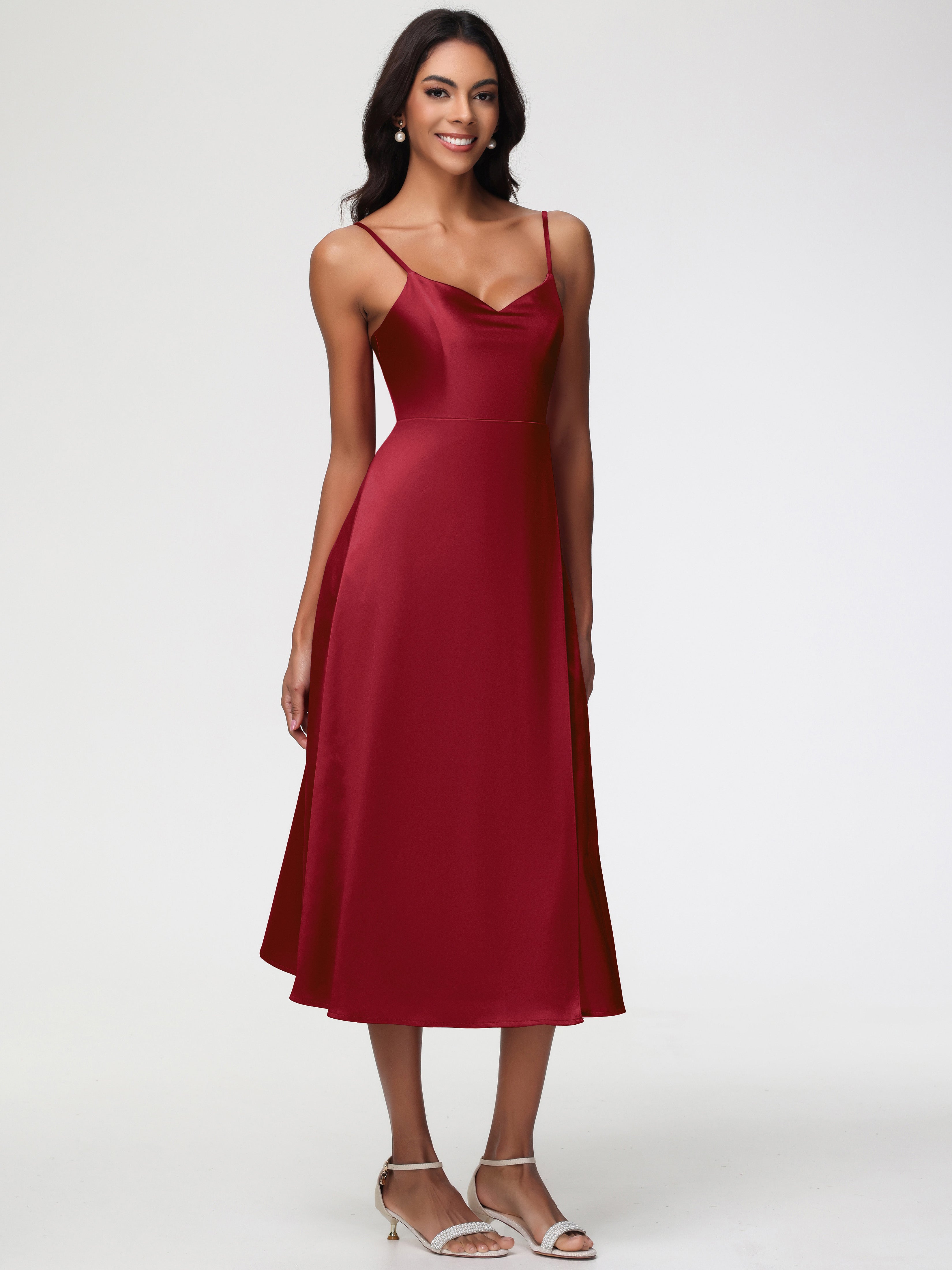 Robe Demoiselle Dhonneur Bordeaux Col V Bretelles Spaghetti Satin Extensible Robe De Demoiselle D'Honneur