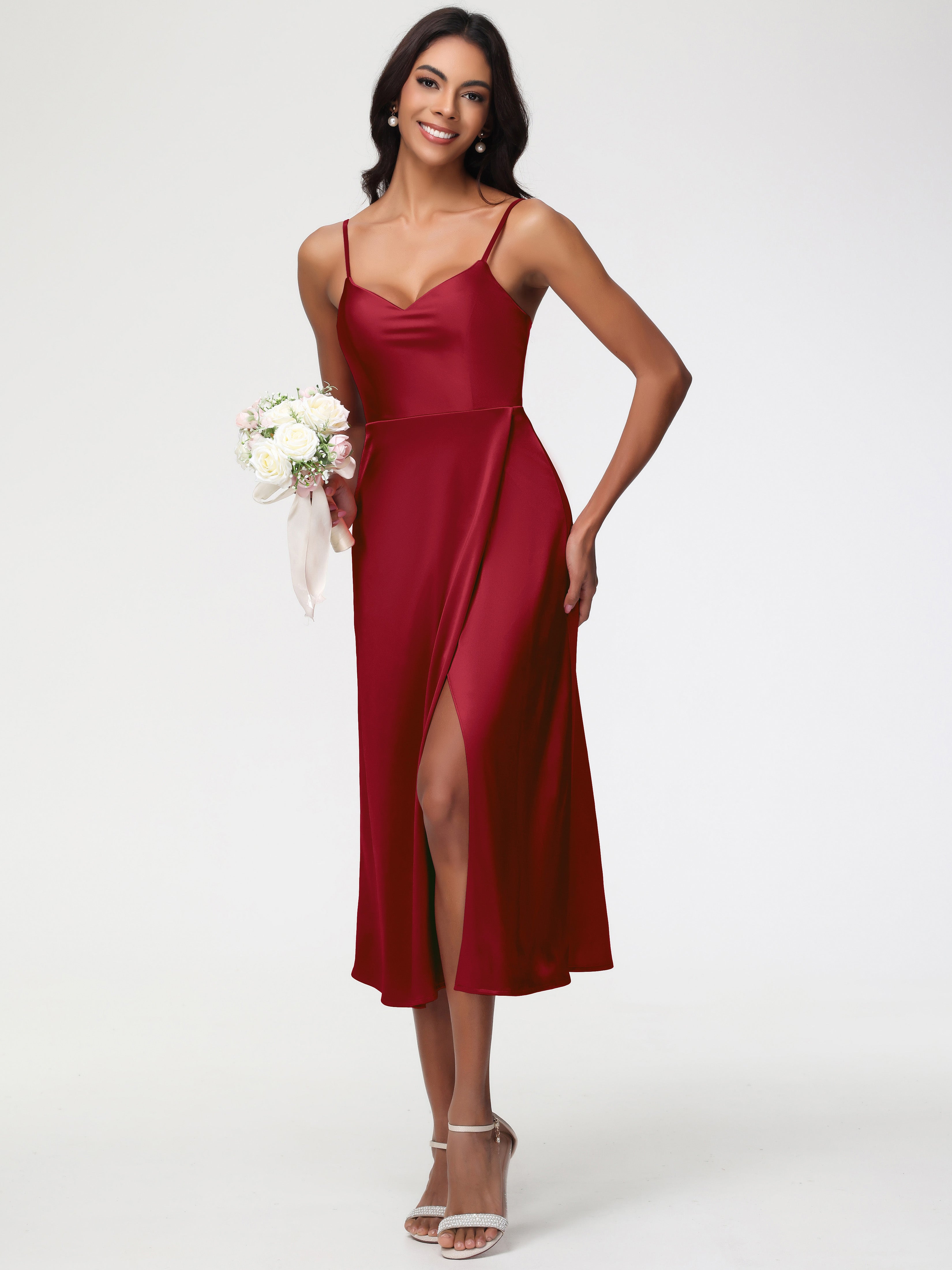 Robe Demoiselle Dhonneur Bordeaux Col V Bretelles Spaghetti Satin Extensible Robe De Demoiselle D'Honneur