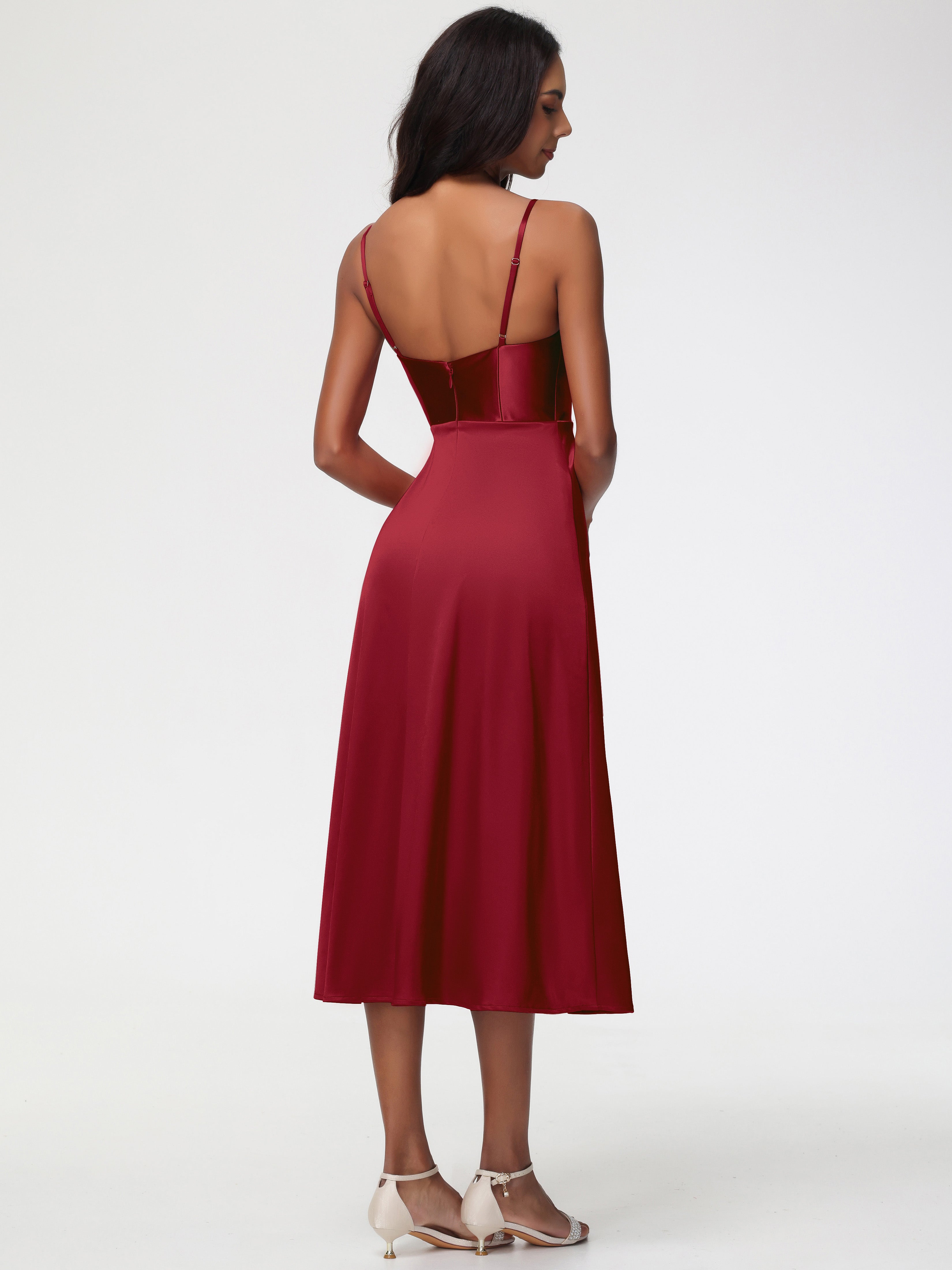Robe Demoiselle Dhonneur Bordeaux Col V Bretelles Spaghetti Satin Extensible Robe De Demoiselle D'Honneur