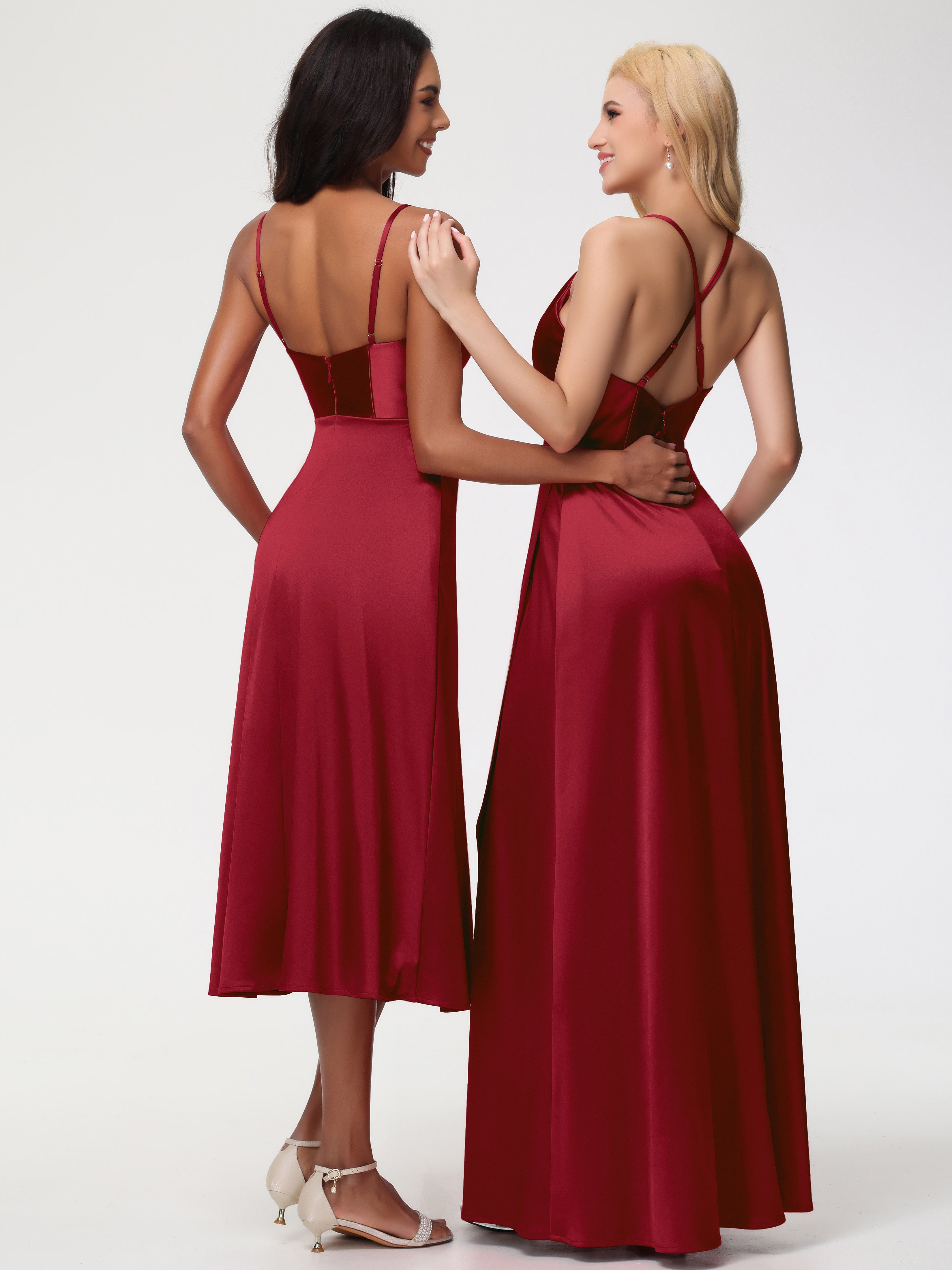 Robe Demoiselle Dhonneur Bordeaux Col V Bretelles Spaghetti Satin Extensible Robe De Demoiselle D'Honneur