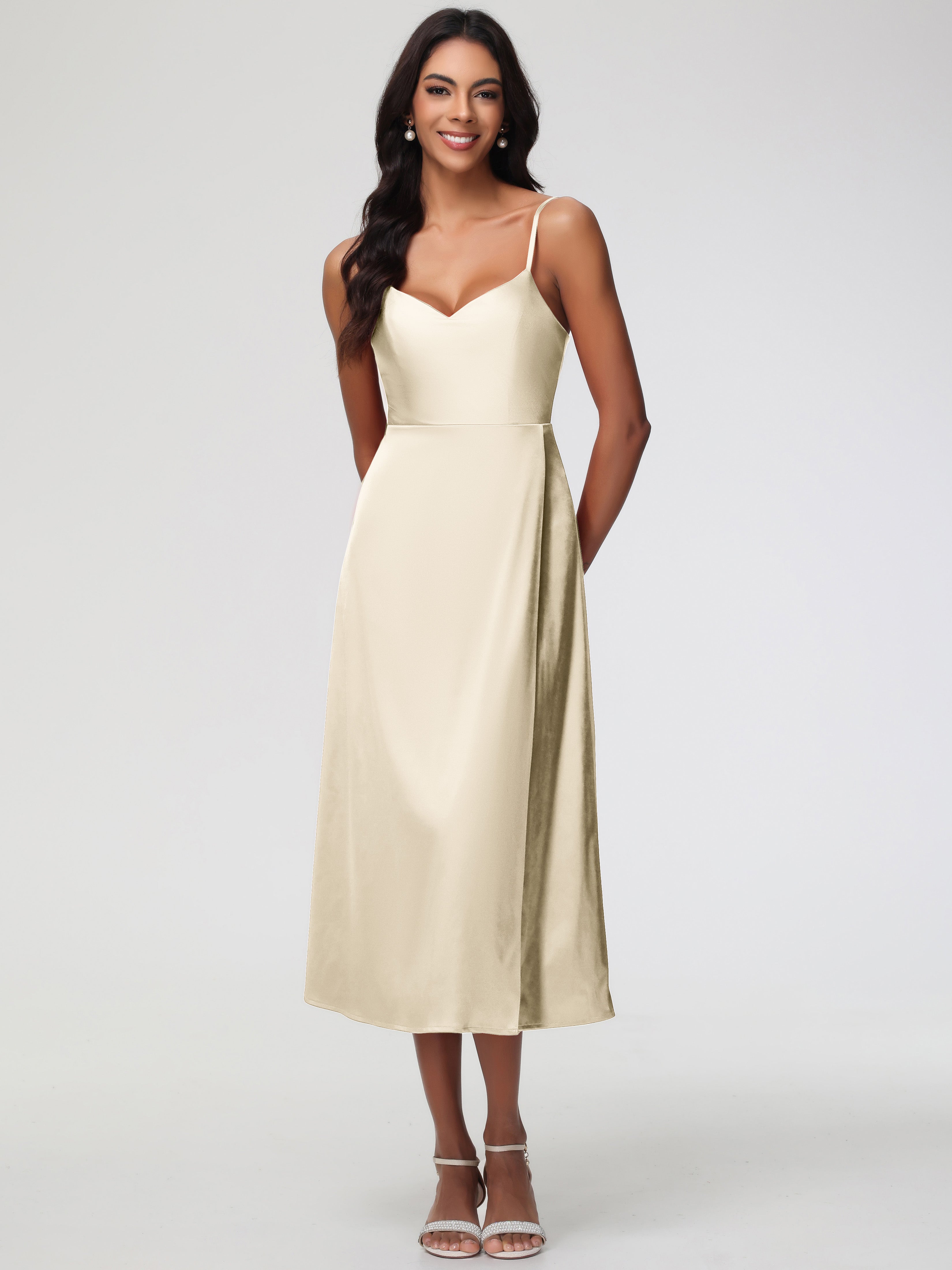 Demoiselle D Honneur Champagne Col V Bretelles Spaghetti Satin Extensible Robe De Demoiselle D'Honneur