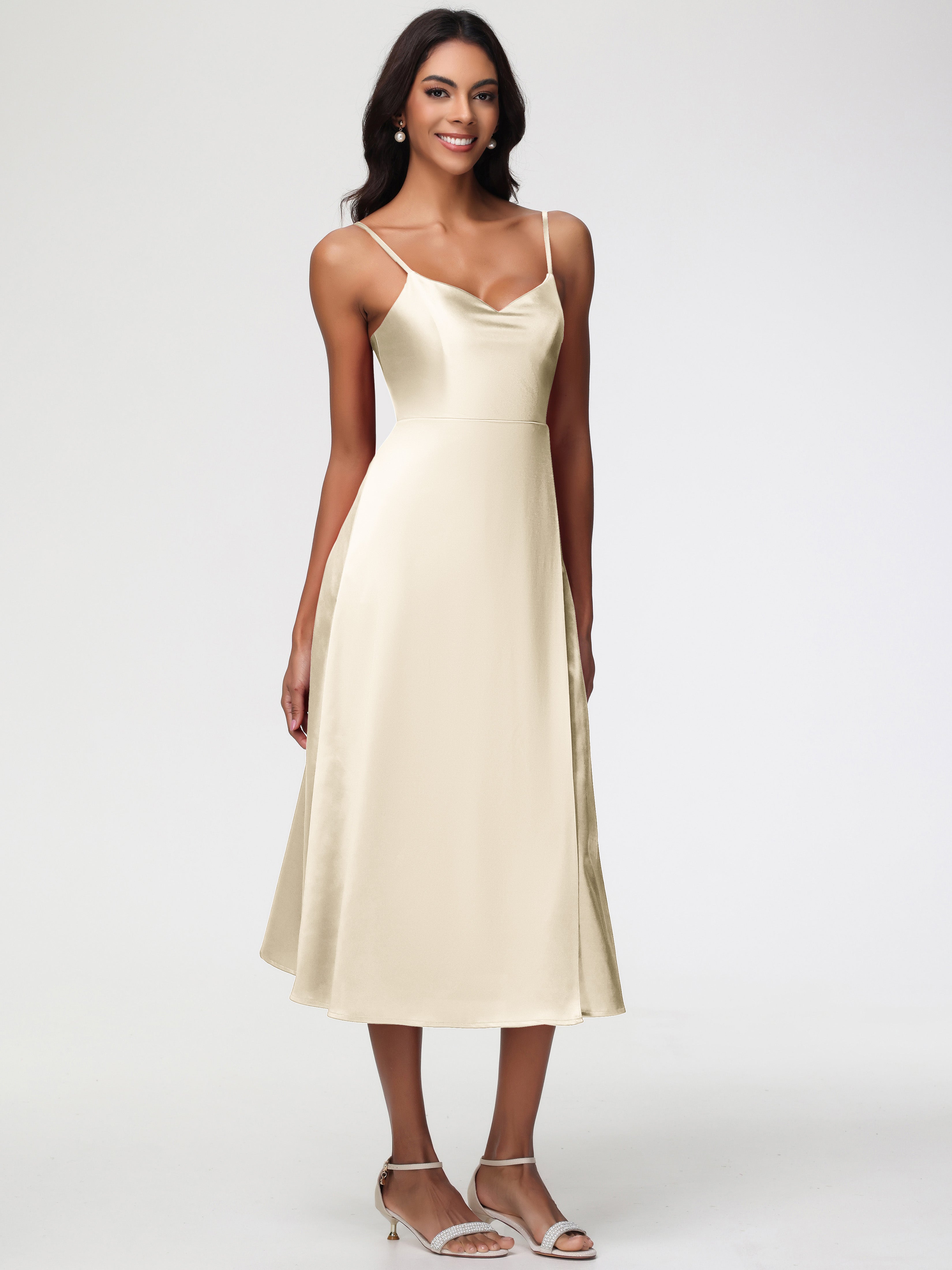 Demoiselle D Honneur Champagne Col V Bretelles Spaghetti Satin Extensible Robe De Demoiselle D'Honneur