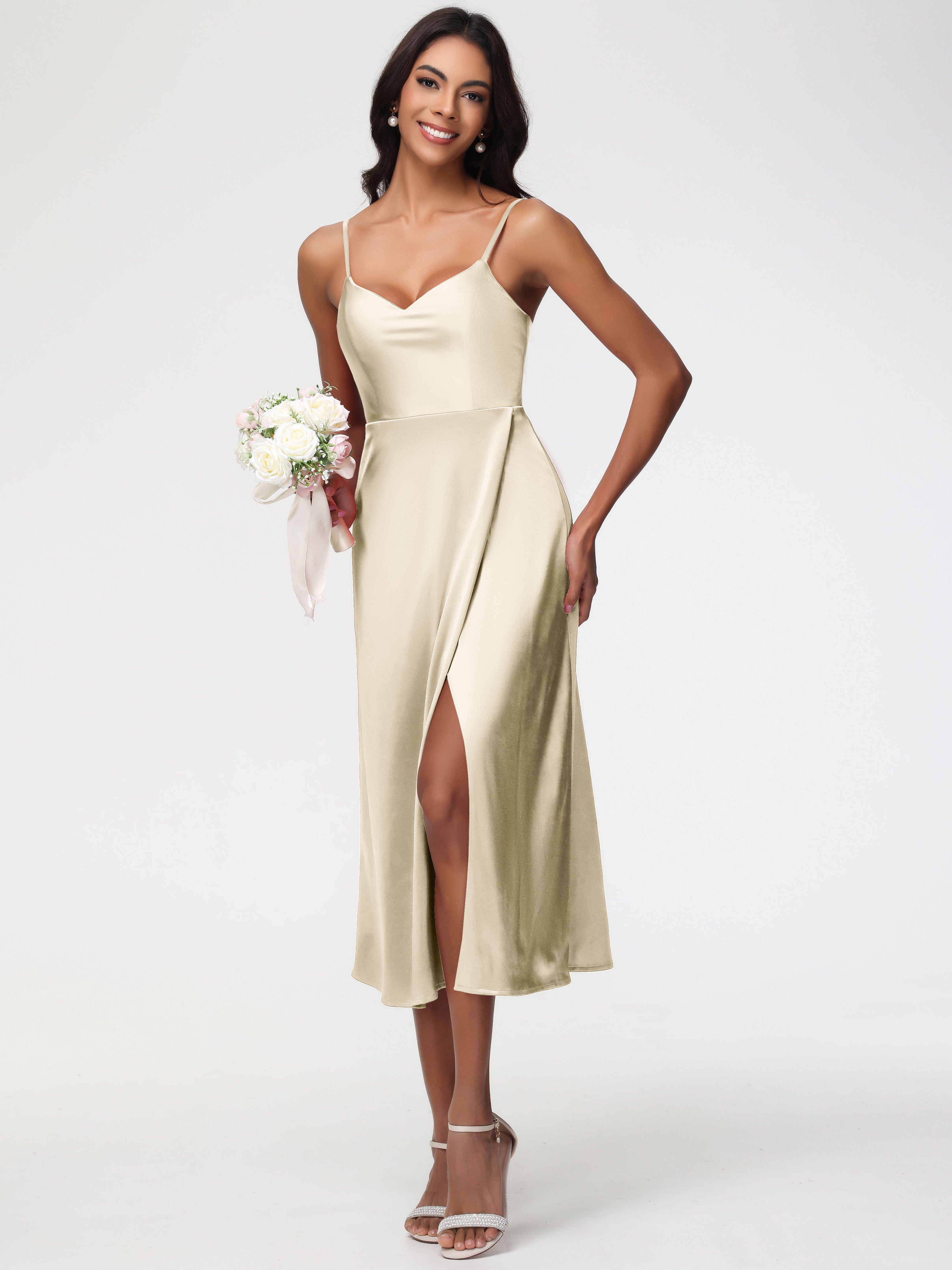 Demoiselle D Honneur Champagne Col V Bretelles Spaghetti Satin Extensible Robe De Demoiselle D'Honneur