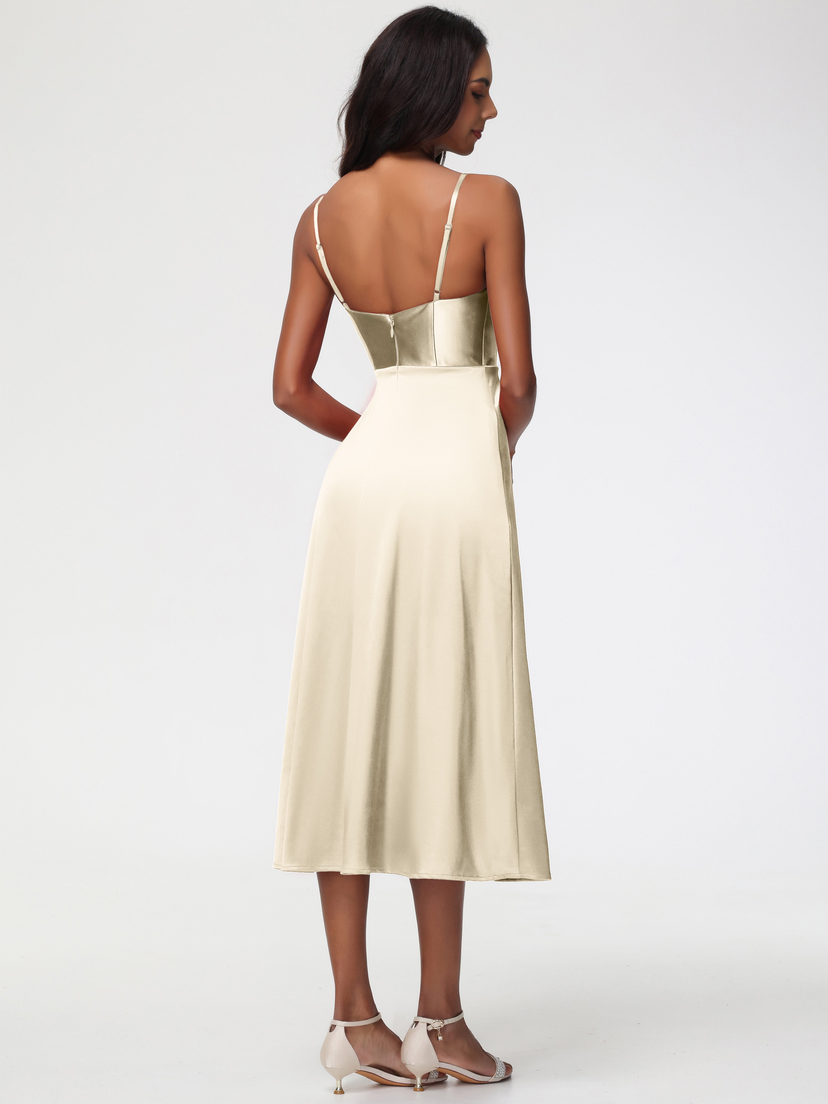 Demoiselle D Honneur Champagne Col V Bretelles Spaghetti Satin Extensible Robe De Demoiselle D'Honneur