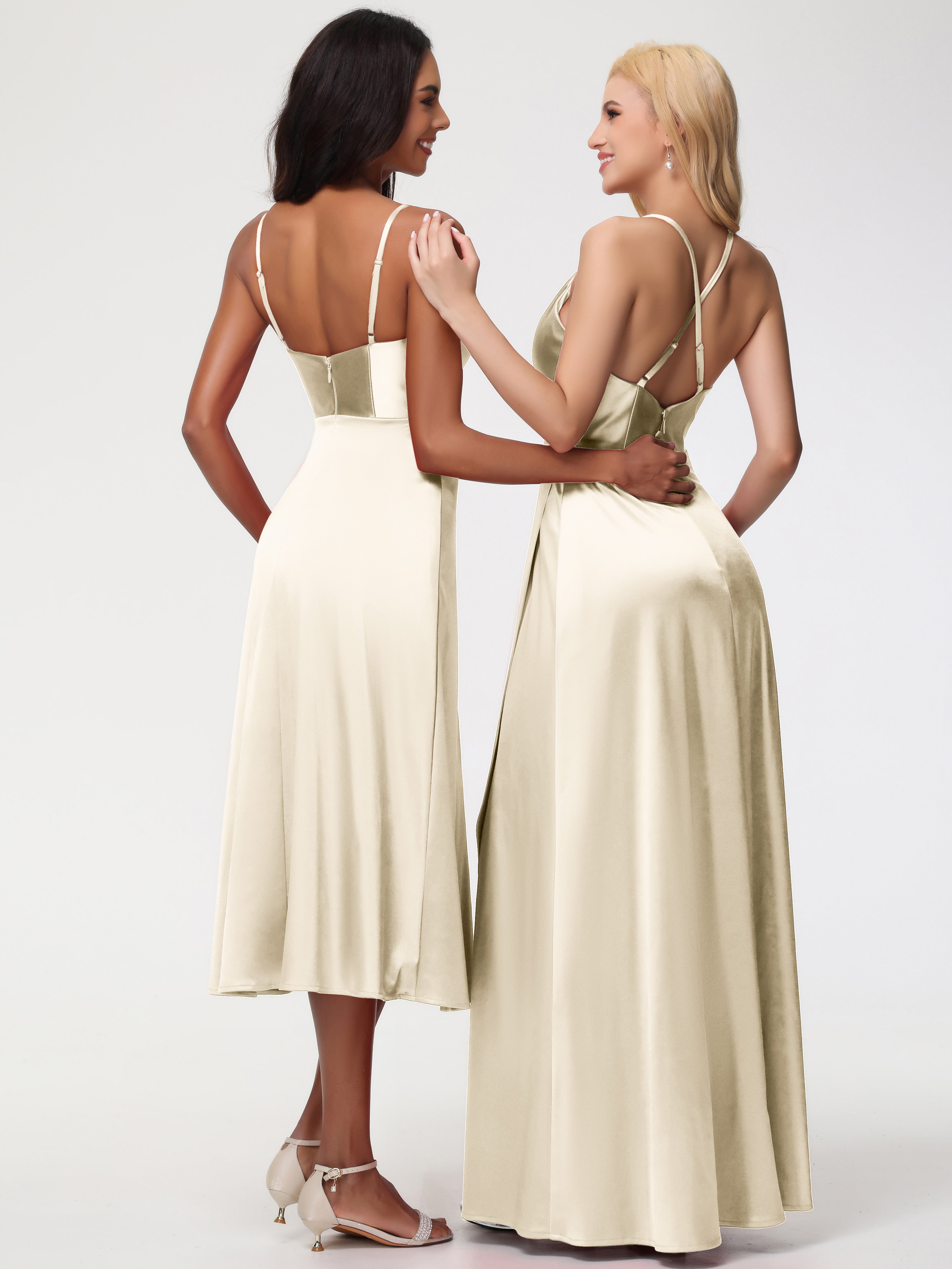 Demoiselle D Honneur Champagne Col V Bretelles Spaghetti Satin Extensible Robe De Demoiselle D'Honneur