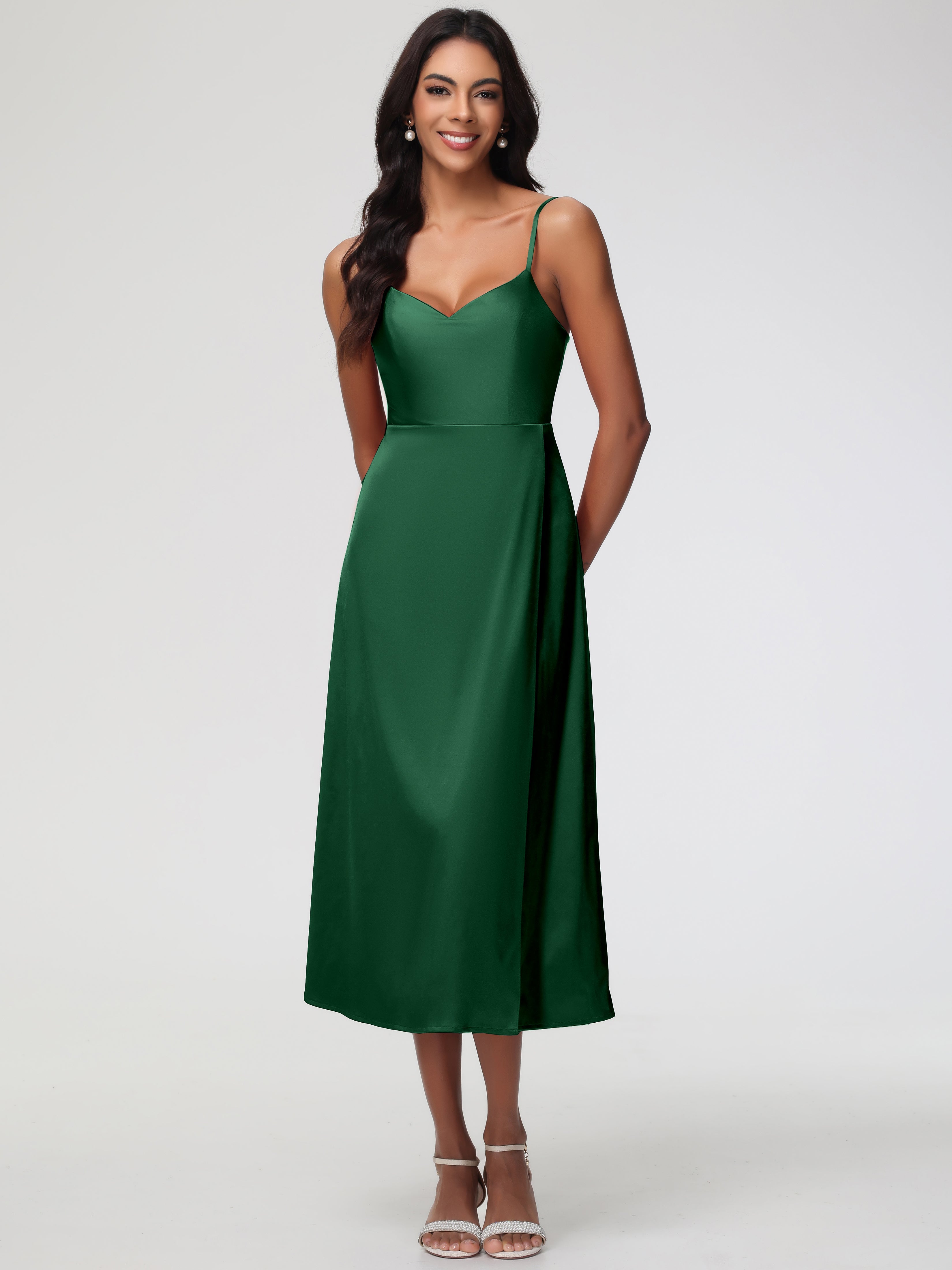 Robes De Demoiselle D'Honneur Vert Foncé Col V Bretelles Spaghetti Satin Extensible Robe De Demoiselle D'Honneur