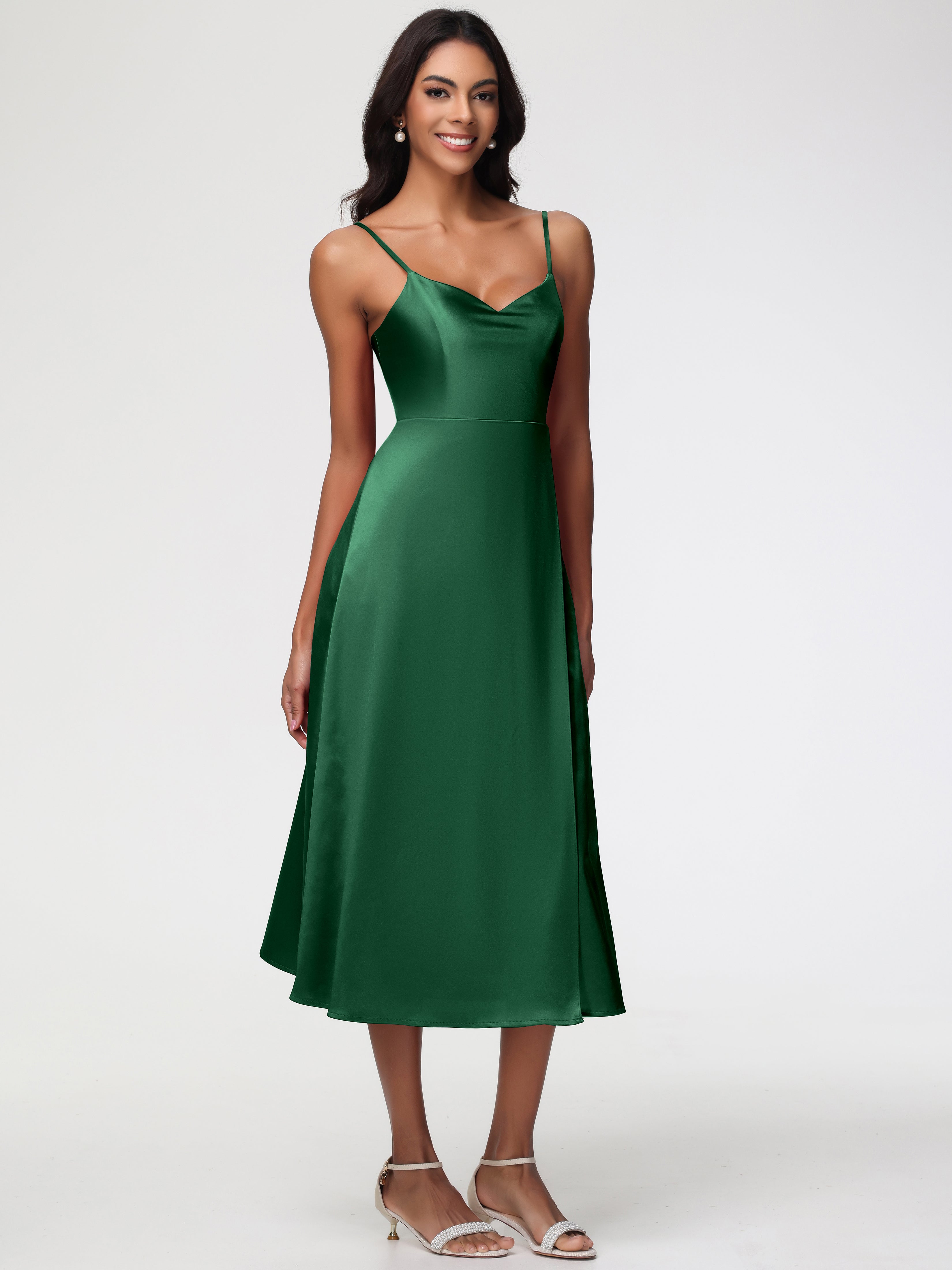 Robes De Demoiselle D'Honneur Vert Foncé Col V Bretelles Spaghetti Satin Extensible Robe De Demoiselle D'Honneur