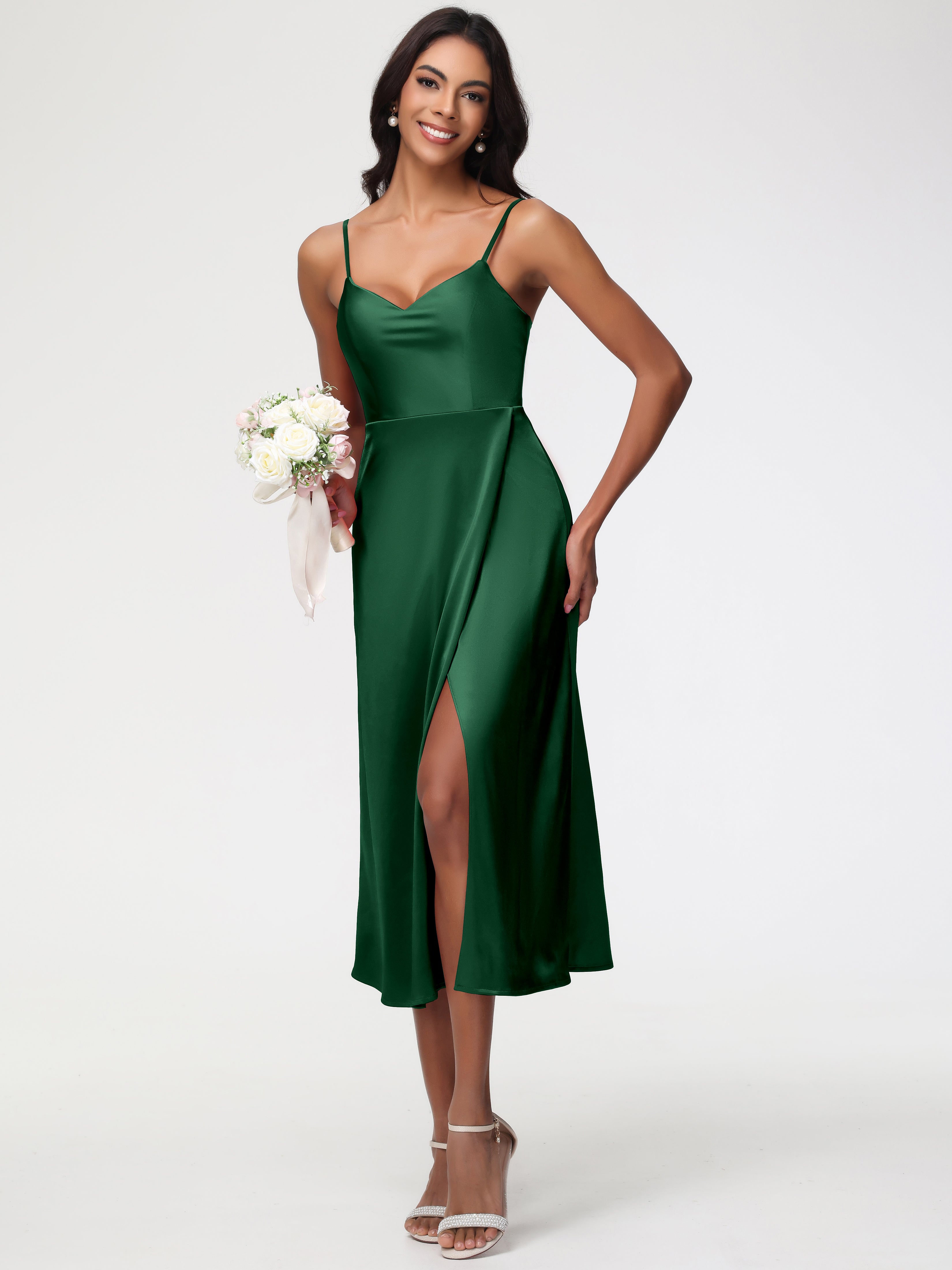 Robes De Demoiselle D'Honneur Vert Foncé Col V Bretelles Spaghetti Satin Extensible Robe De Demoiselle D'Honneur