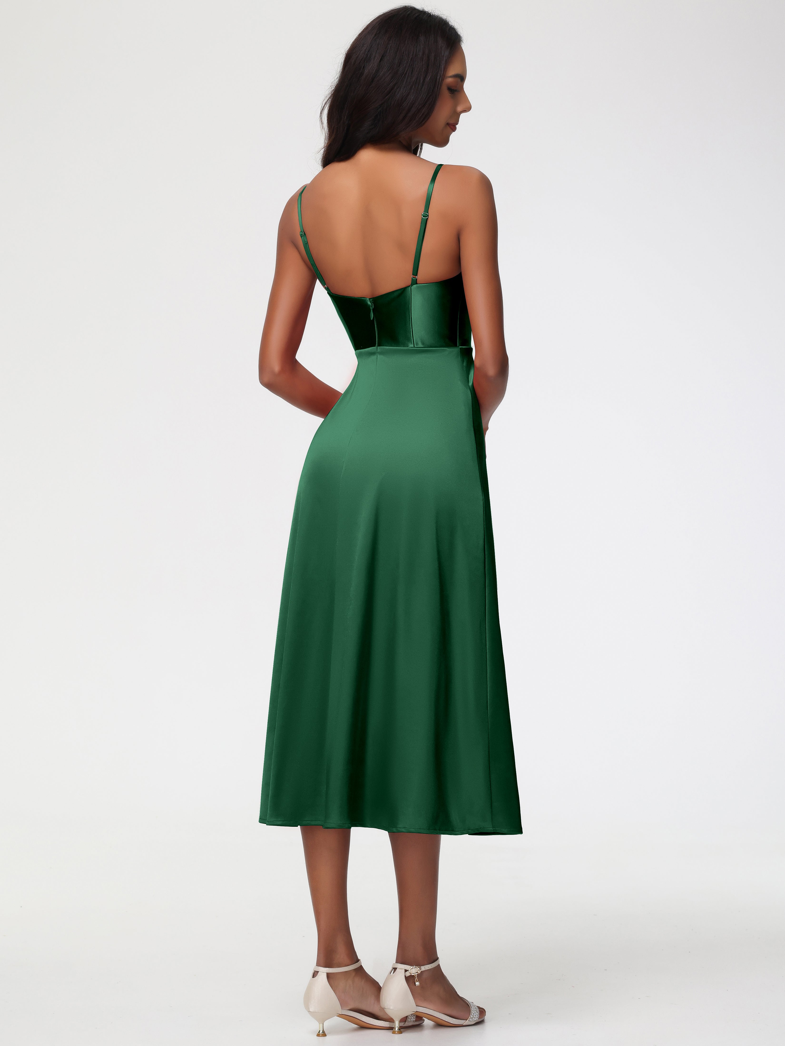 Robes De Demoiselle D'Honneur Vert Foncé Col V Bretelles Spaghetti Satin Extensible Robe De Demoiselle D'Honneur