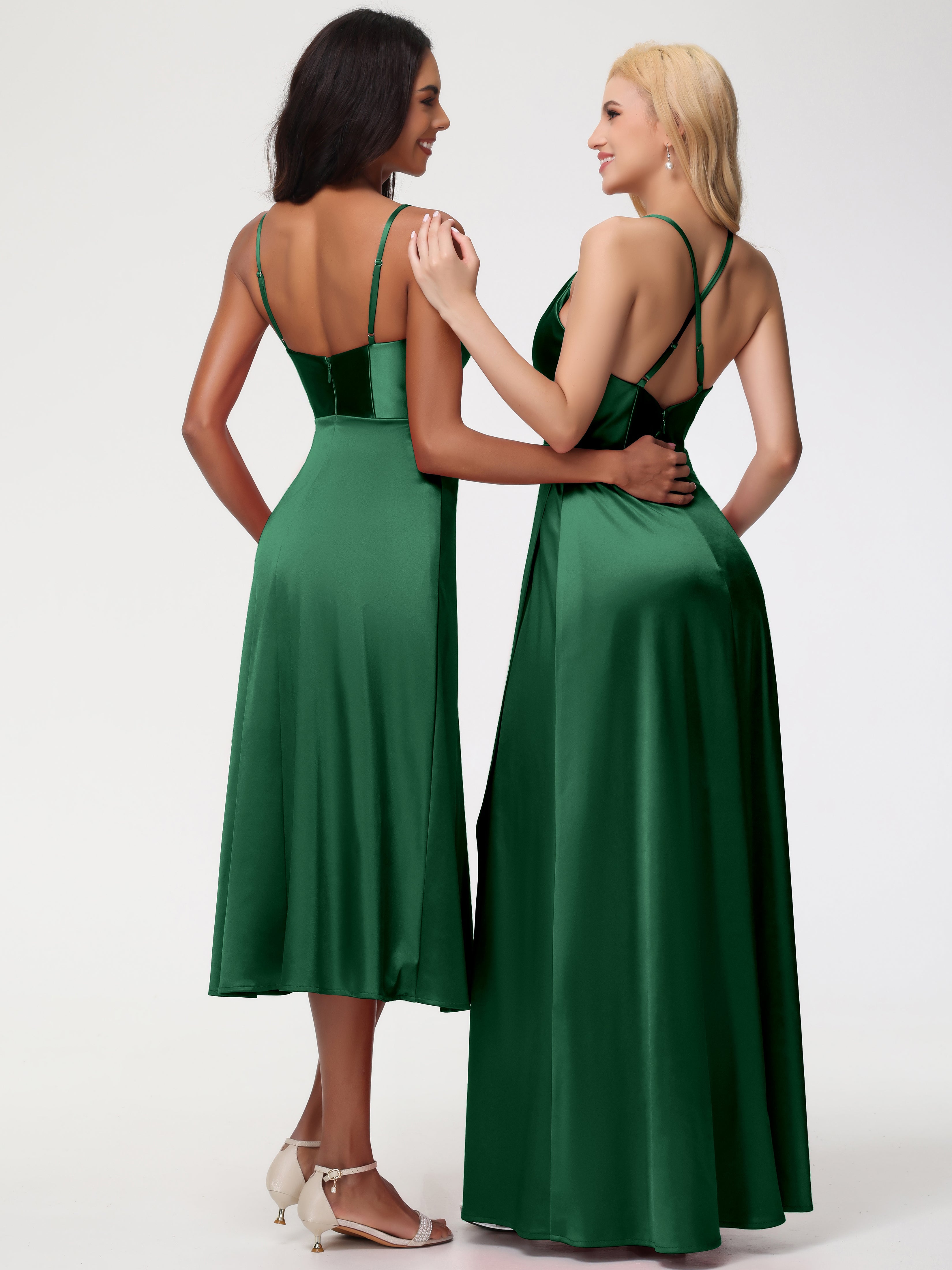 Robes De Demoiselle D'Honneur Vert Foncé Col V Bretelles Spaghetti Satin Extensible Robe De Demoiselle D'Honneur