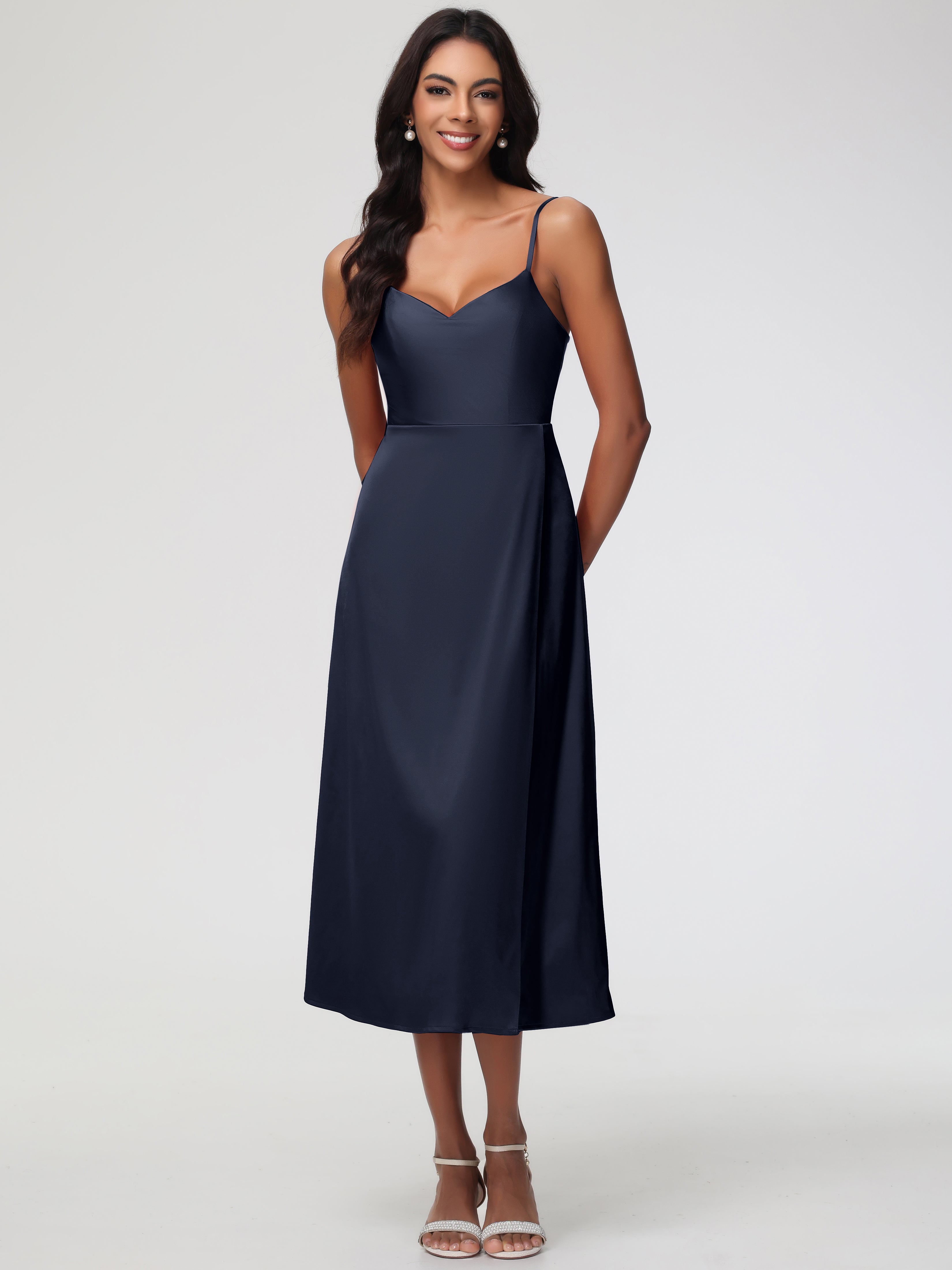 Robe Bleue Marine Demoiselle D Honneur Col V Bretelles Spaghetti Satin Extensible Robe De Demoiselle D'Honneur