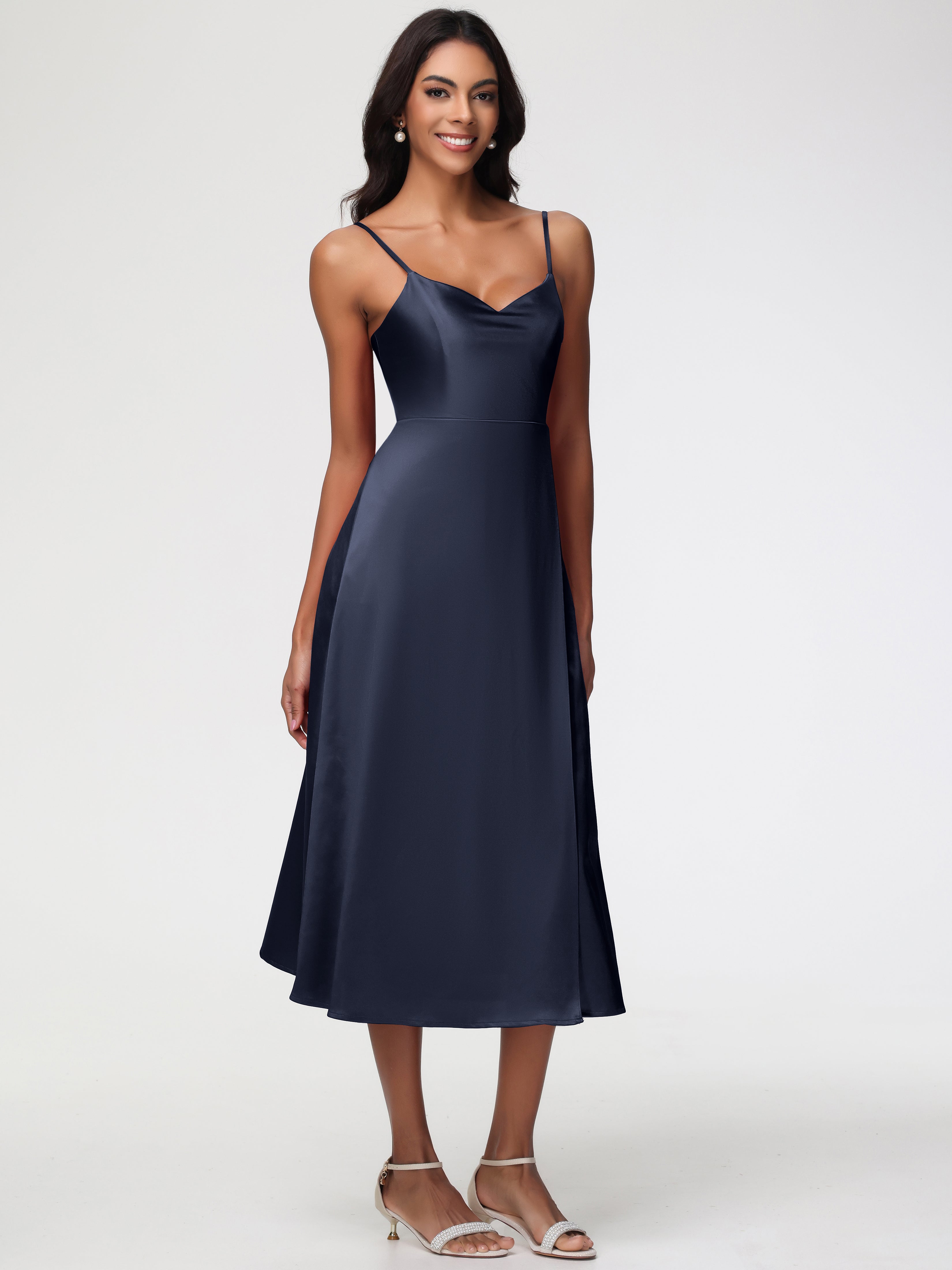 Robe Bleue Marine Demoiselle D Honneur Col V Bretelles Spaghetti Satin Extensible Robe De Demoiselle D'Honneur