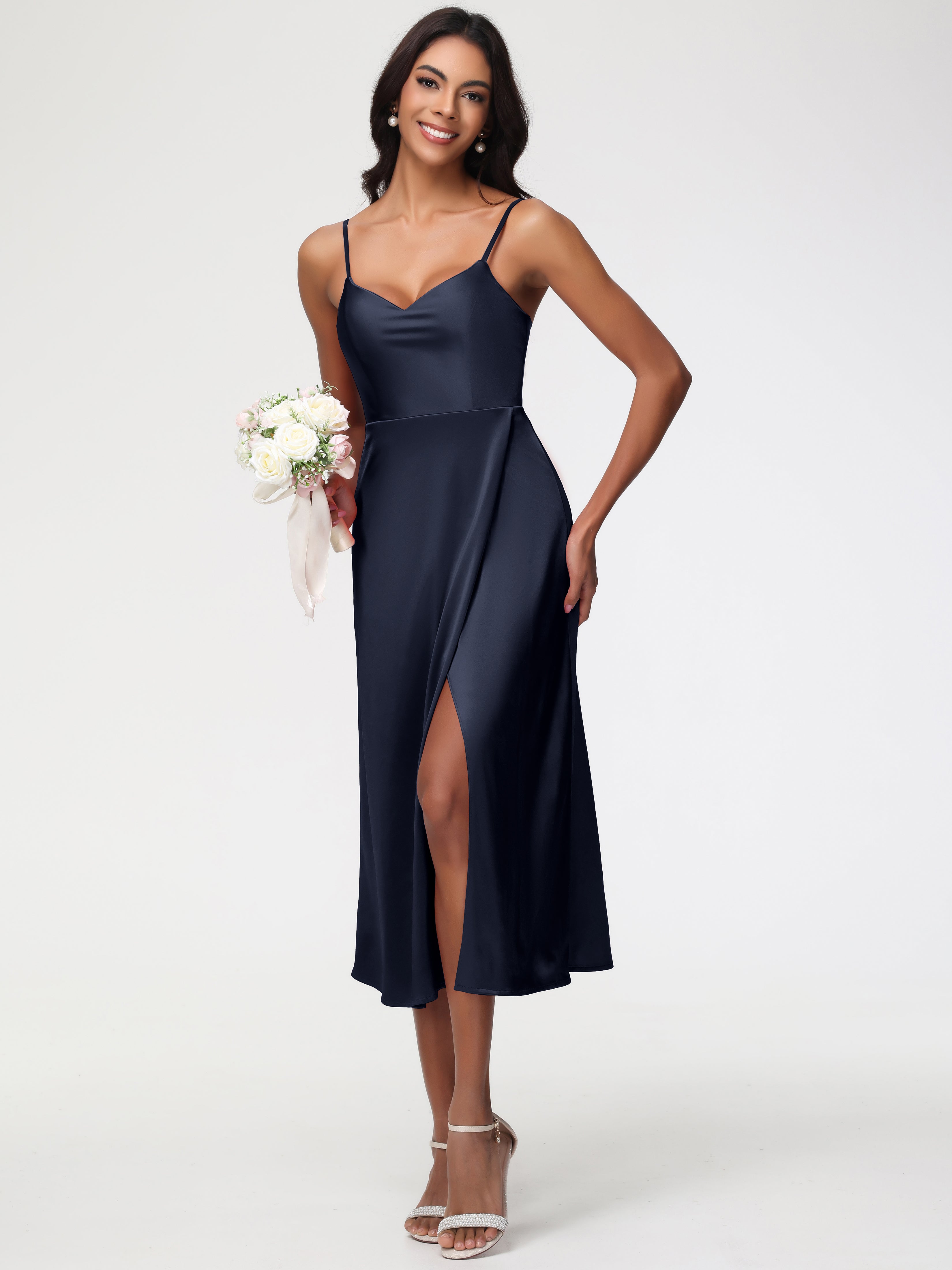Robe Bleue Marine Demoiselle D Honneur Col V Bretelles Spaghetti Satin Extensible Robe De Demoiselle D'Honneur