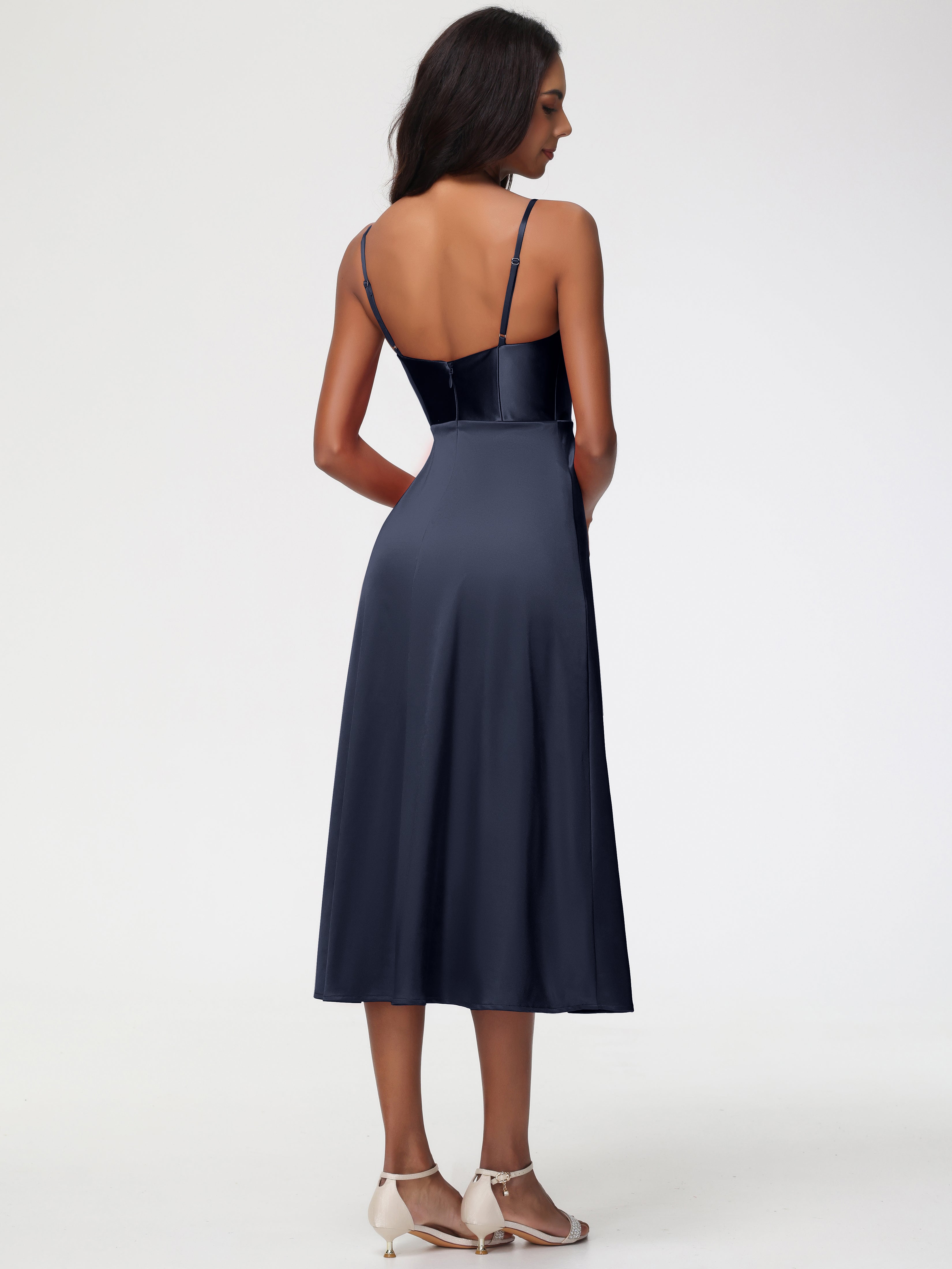 Robe Bleue Marine Demoiselle D Honneur Col V Bretelles Spaghetti Satin Extensible Robe De Demoiselle D'Honneur
