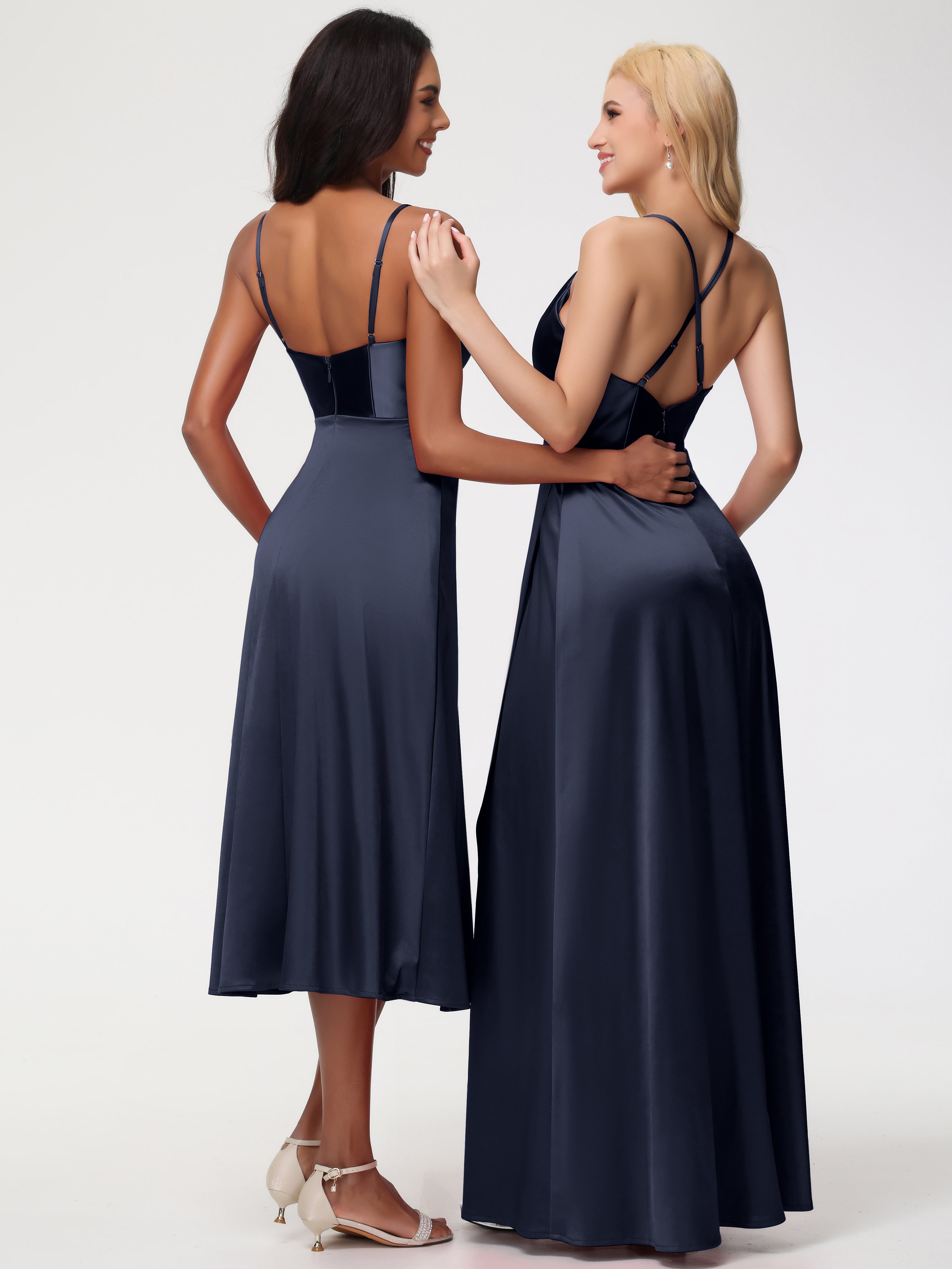 Robe Bleue Marine Demoiselle D Honneur Col V Bretelles Spaghetti Satin Extensible Robe De Demoiselle D'Honneur