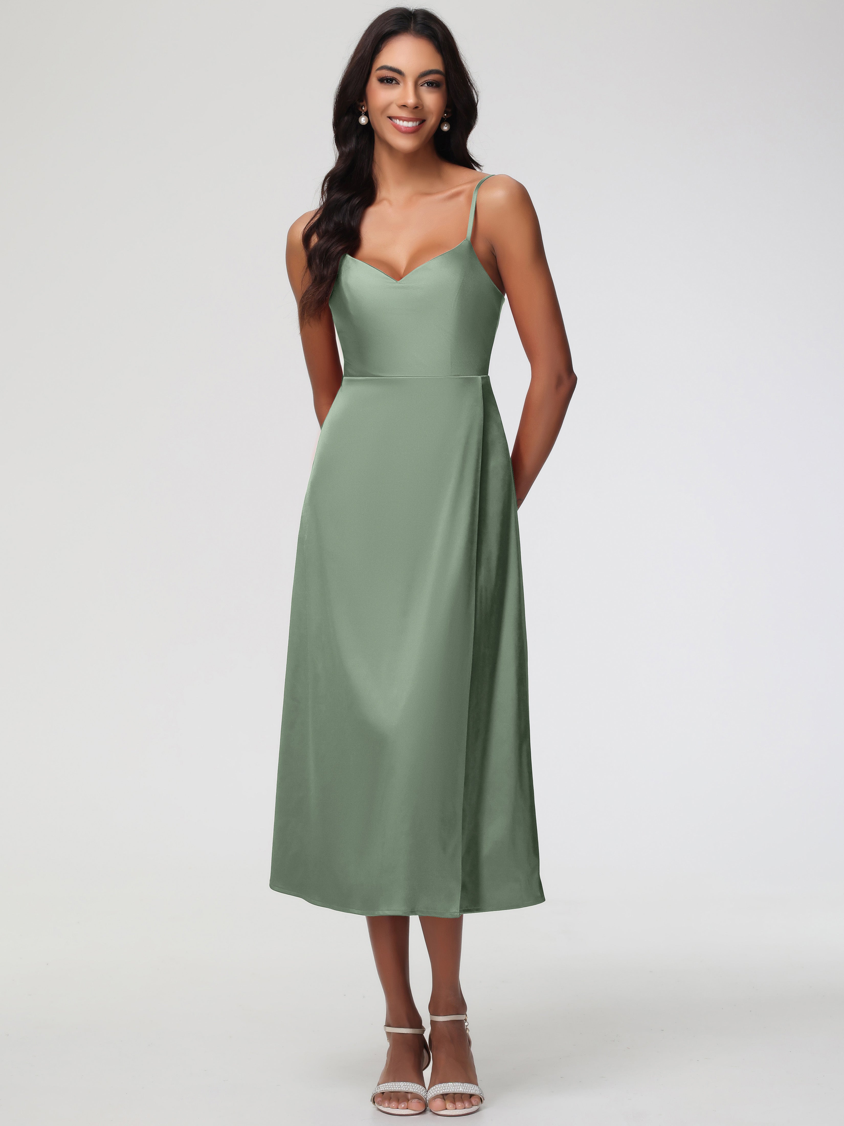 Robe Demoiselle D Honneur Sauge Poudrée Col V Bretelles Spaghetti Satin Extensible Robe De Demoiselle D'Honneur