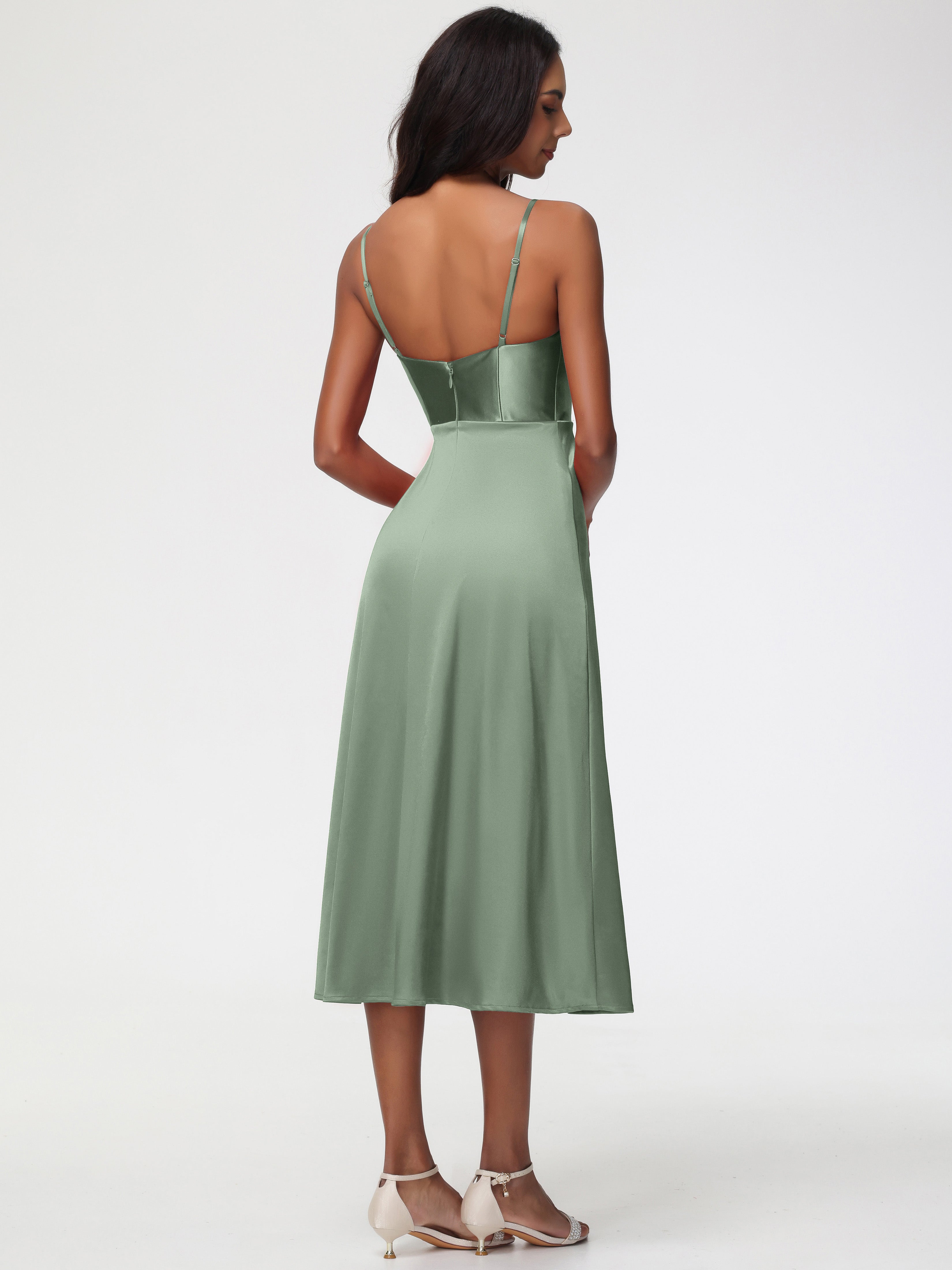 Robe Demoiselle D Honneur Sauge Poudrée Col V Bretelles Spaghetti Satin Extensible Robe De Demoiselle D'Honneur