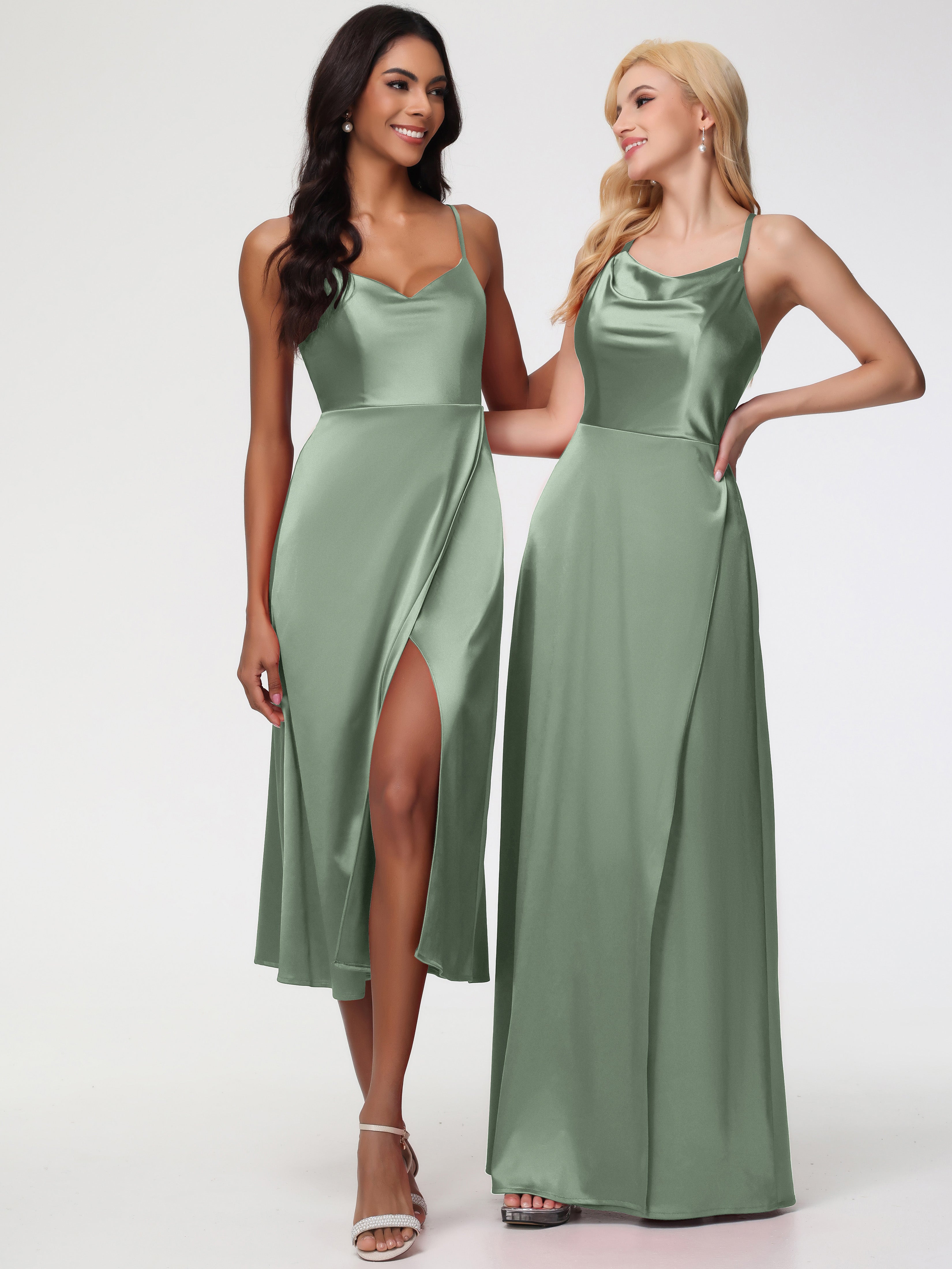 Robe Demoiselle D Honneur Sauge Poudrée Col V Bretelles Spaghetti Satin Extensible Robe De Demoiselle D'Honneur