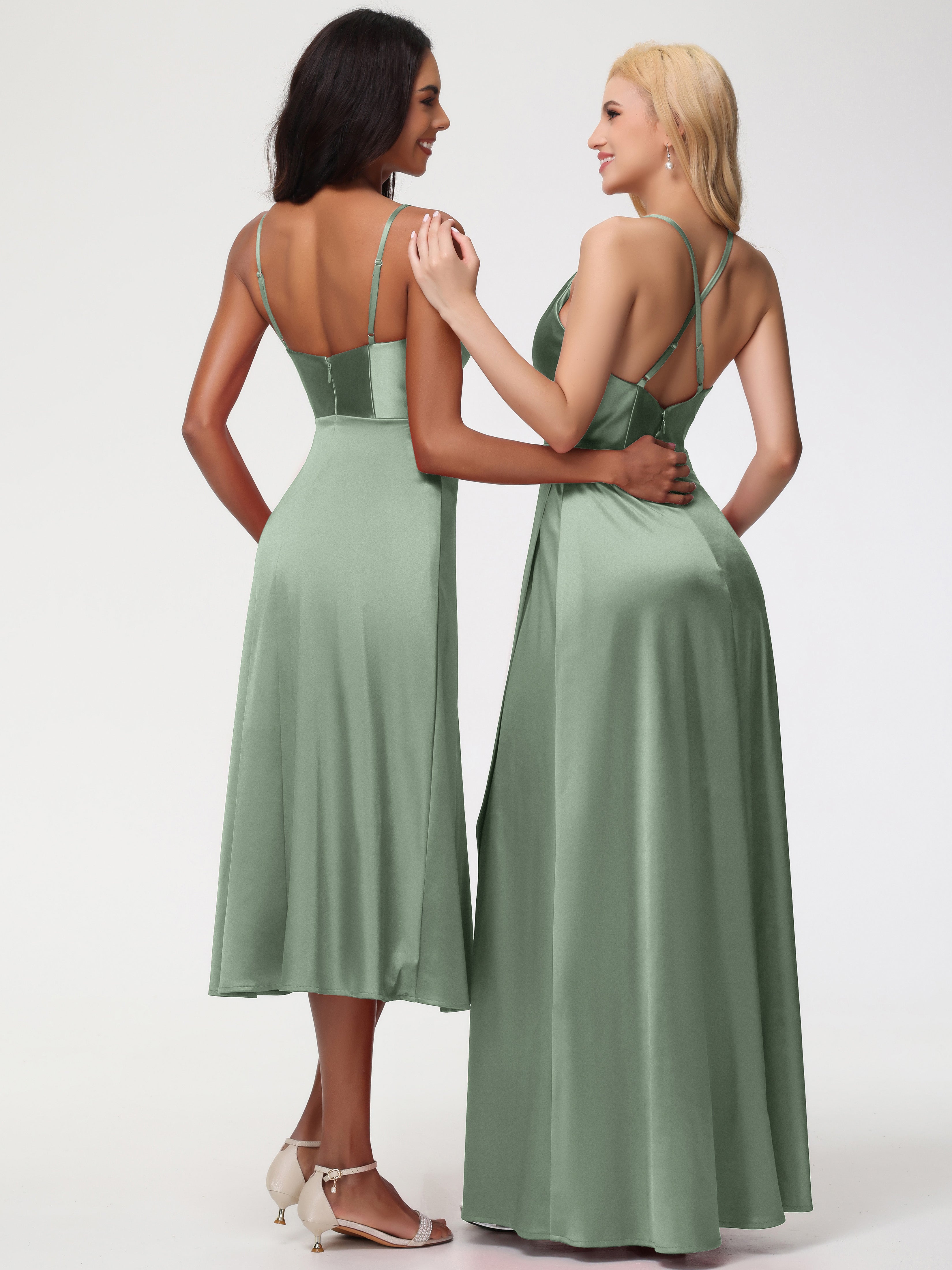 Robe Demoiselle D Honneur Sauge Poudrée Col V Bretelles Spaghetti Satin Extensible Robe De Demoiselle D'Honneur