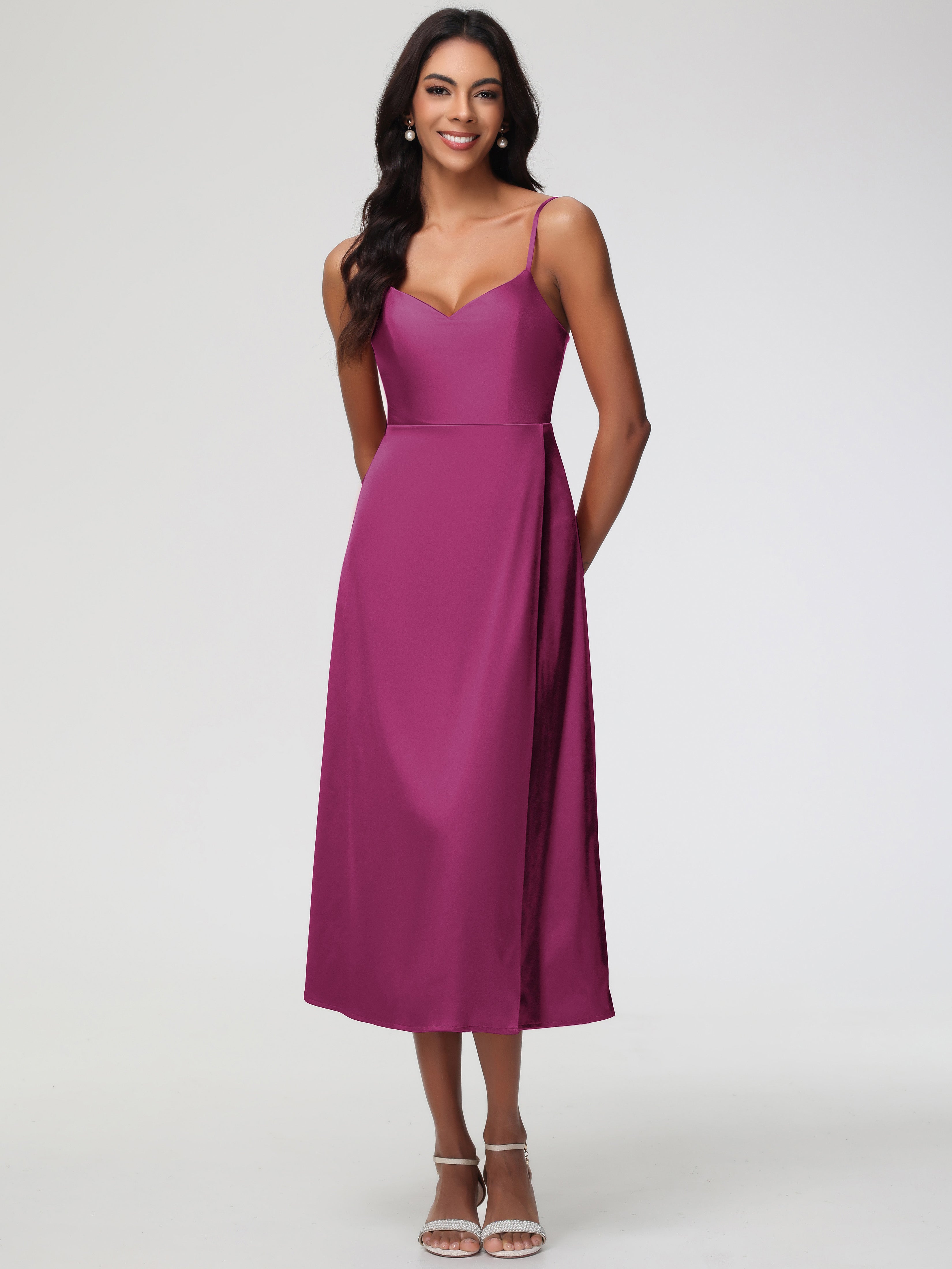Robe Demoiselle D Honneur Rose Fuchsia Col V Bretelles Spaghetti Satin Extensible Robe De Demoiselle D'Honneur