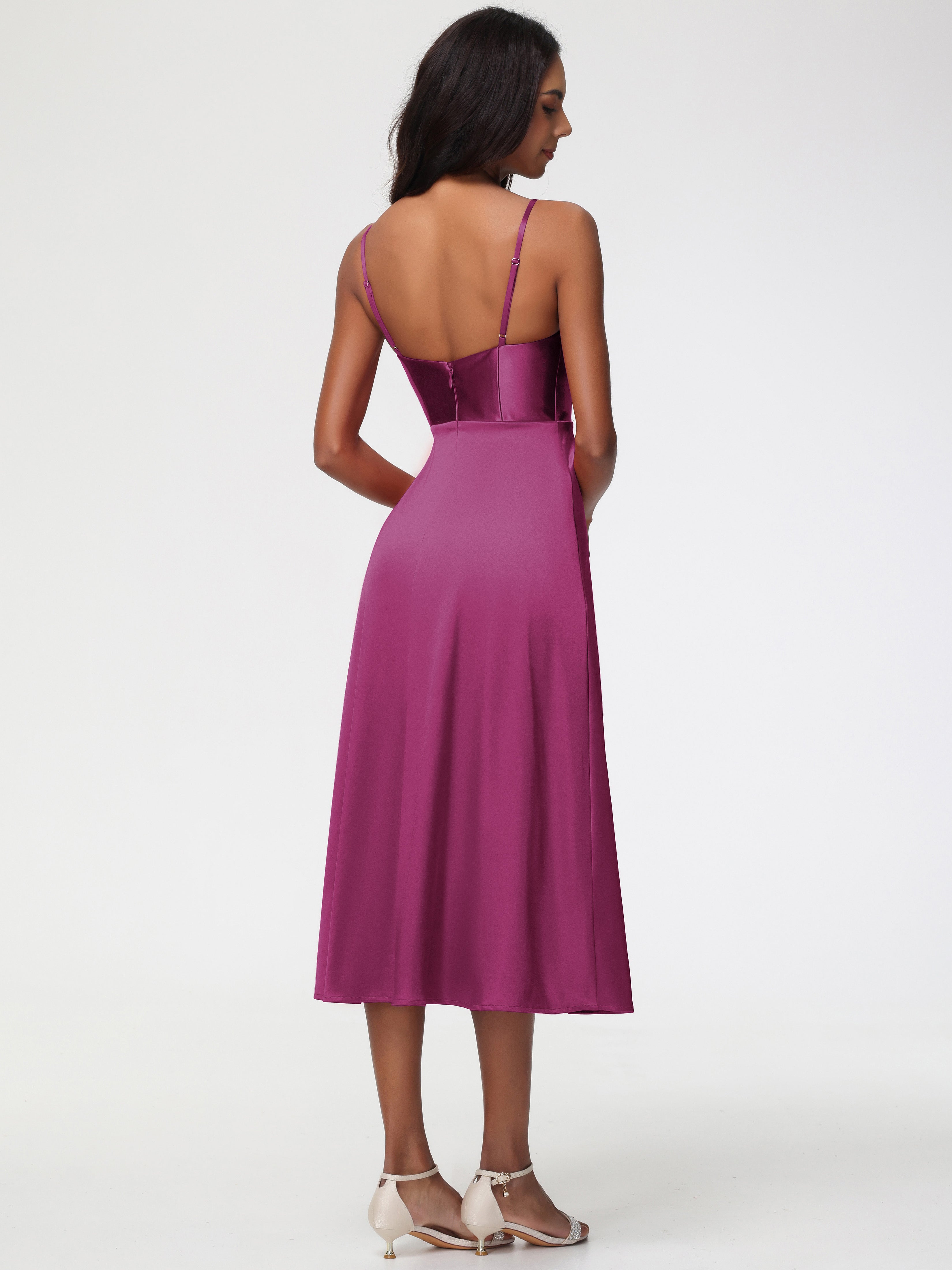 Robe Demoiselle D Honneur Rose Fuchsia Col V Bretelles Spaghetti Satin Extensible Robe De Demoiselle D'Honneur