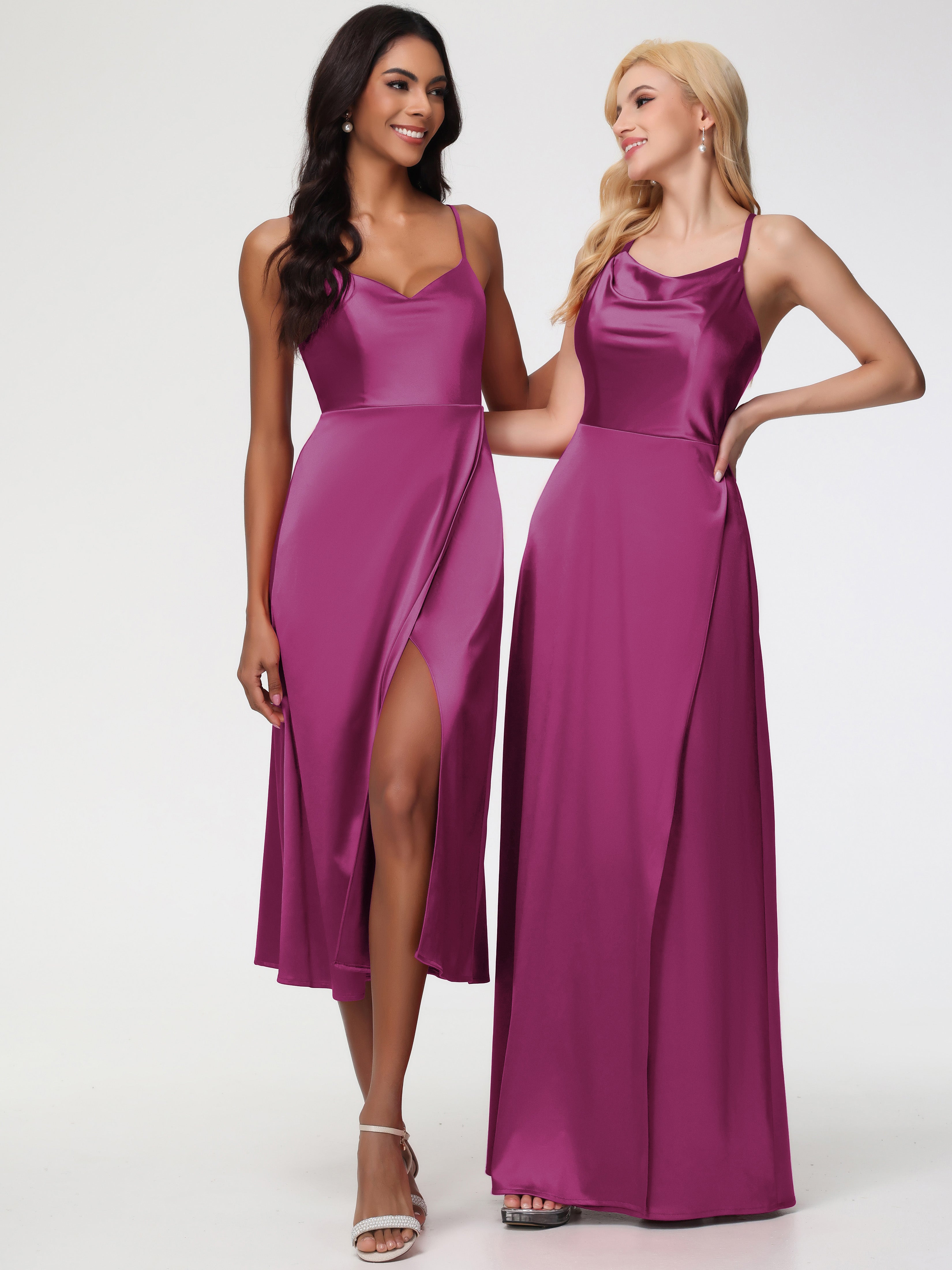 Robe Demoiselle D Honneur Rose Fuchsia Col V Bretelles Spaghetti Satin Extensible Robe De Demoiselle D'Honneur