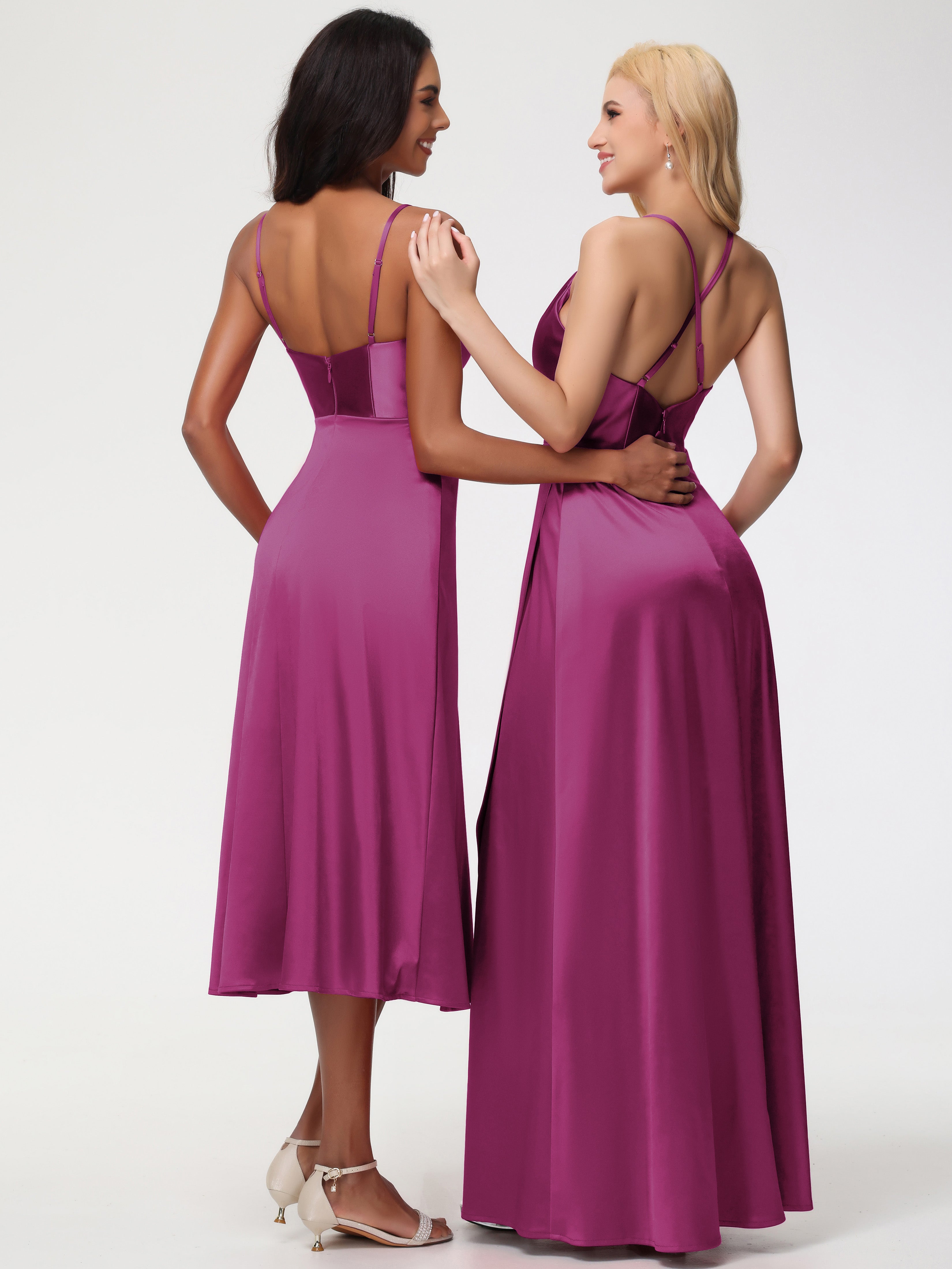 Robe Demoiselle D Honneur Rose Fuchsia Col V Bretelles Spaghetti Satin Extensible Robe De Demoiselle D'Honneur