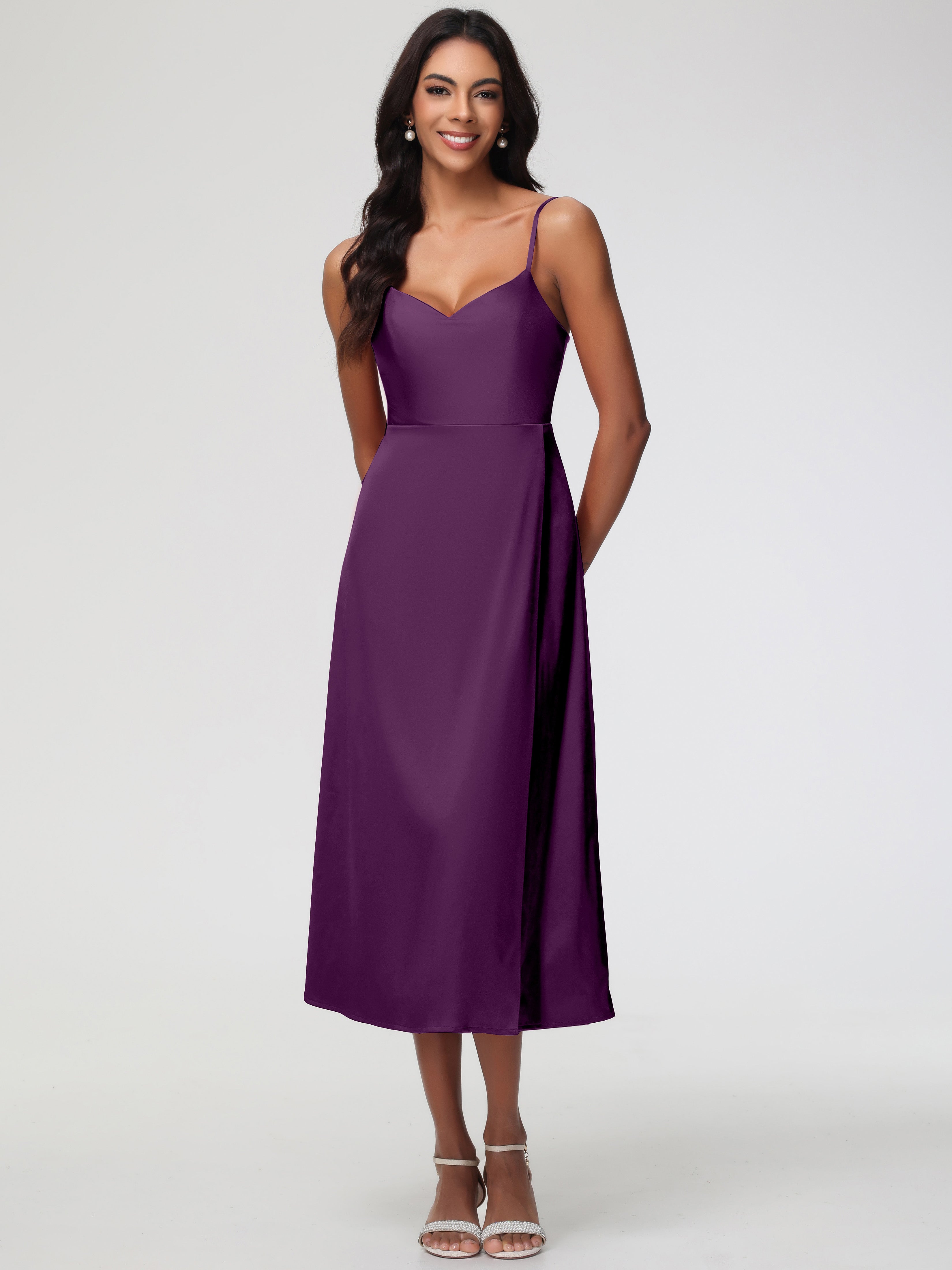 Robes De Demoiselle D'Honneur En Raisin Col V Bretelles Spaghetti Satin Extensible Robe De Demoiselle D'Honneur