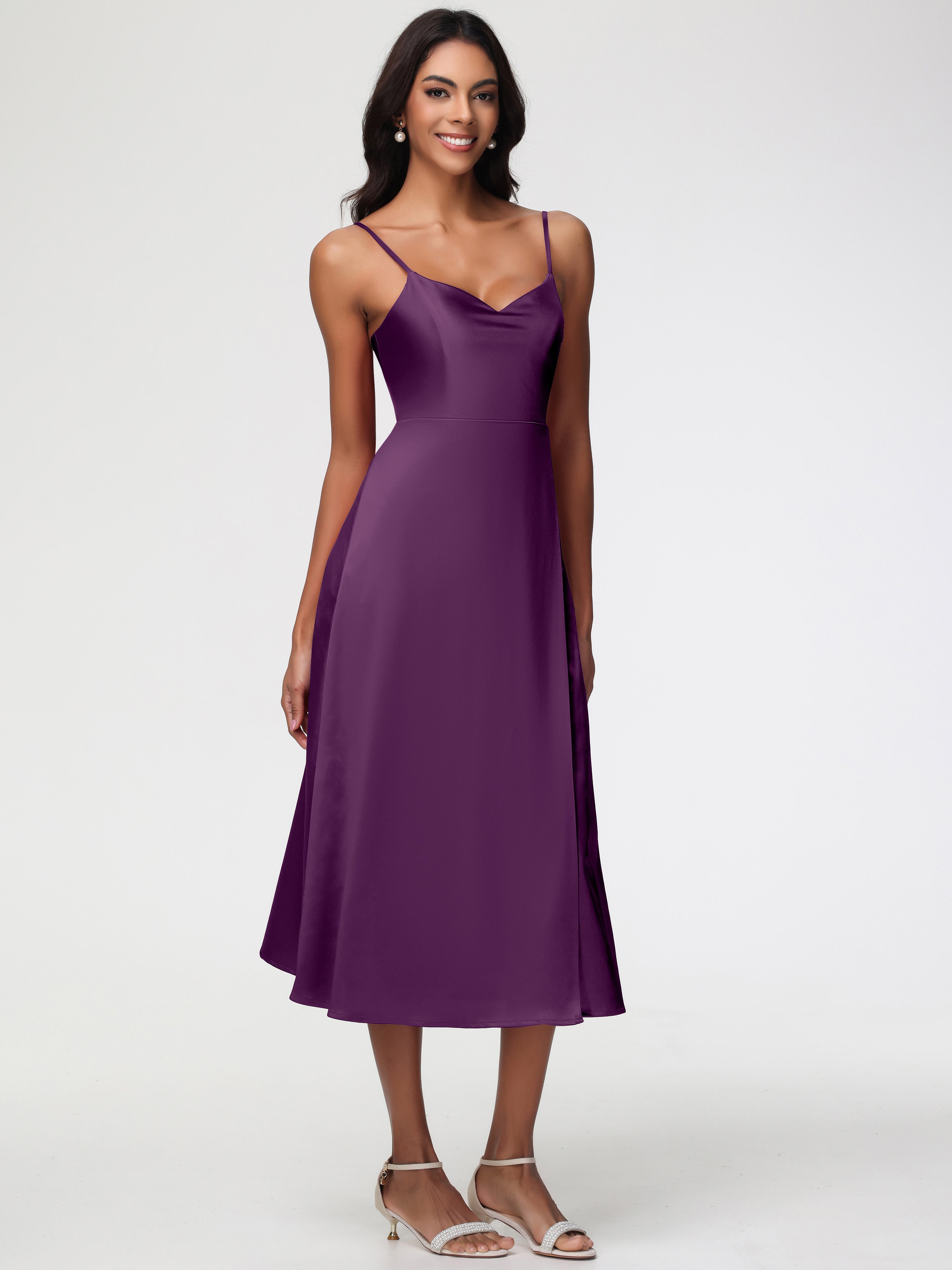 Robes De Demoiselle D'Honneur En Raisin Col V Bretelles Spaghetti Satin Extensible Robe De Demoiselle D'Honneur